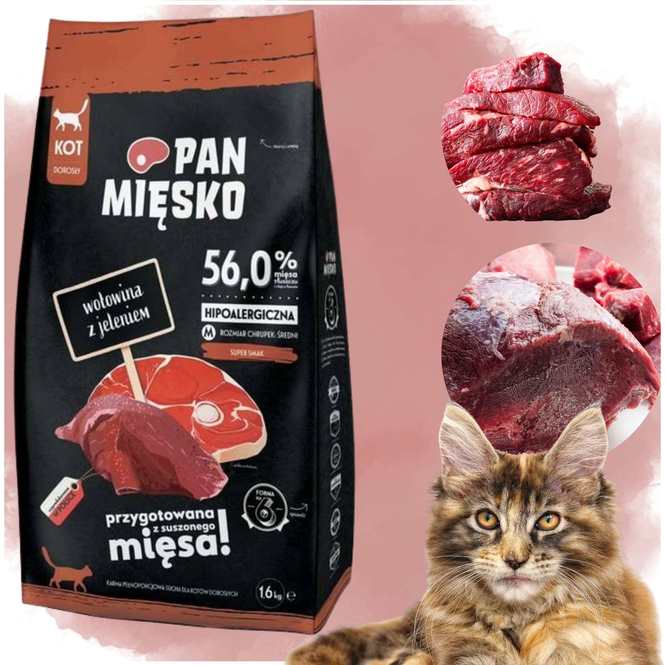 Sucha karma dla kota Wołowina z jeleniem Pan Mięsko hipoalergiczna M 1,6 kg