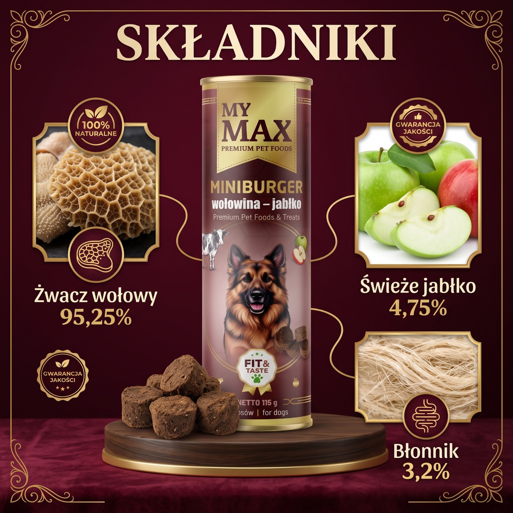 Przysmaki dla psów My Max Mini burger wołowina jabłko 115g miękkie smaczki