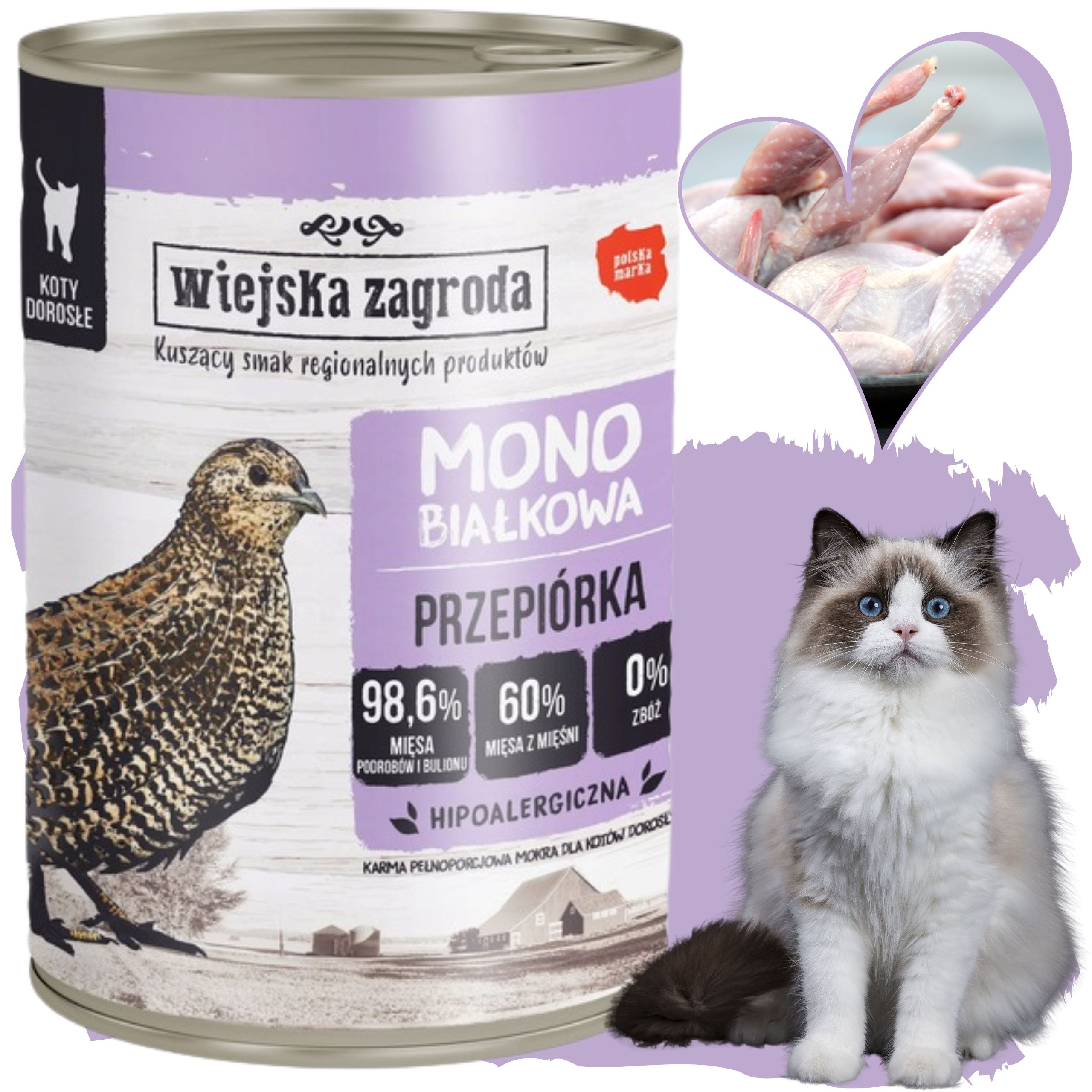 Karma  mokra dla kota Monobiałkowa Przepiórka 400g Wiejska Zagroda alergia