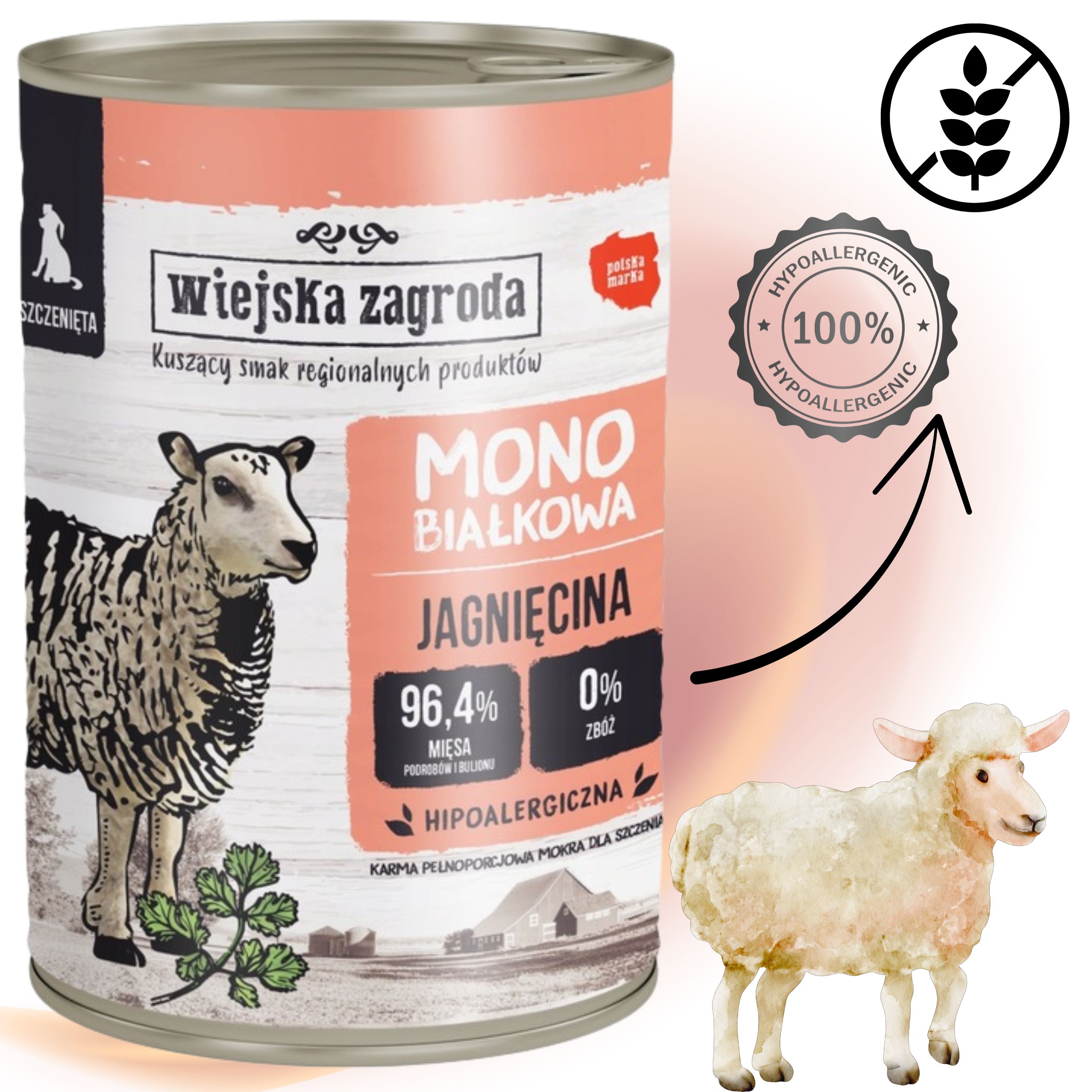 Mokra karma dla psa Jagnięcina Monobiałkowa szczeniak 400g Wiejska Zagroda