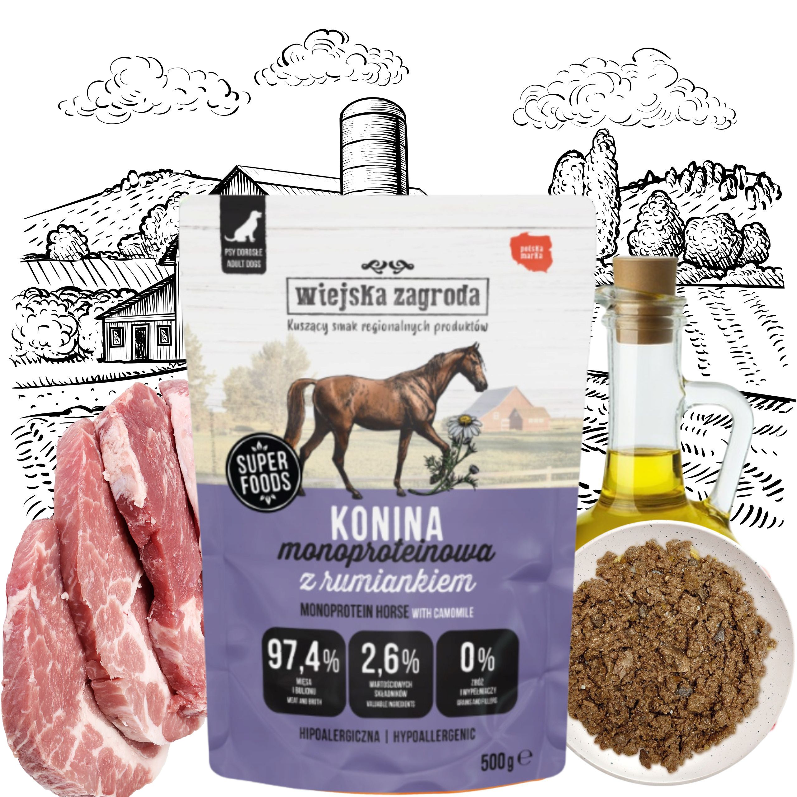 MOKRA KARMA DLA PSA Wiejska Zagroda Monobiałkowa Konina 500g HIPOALERGICZNA