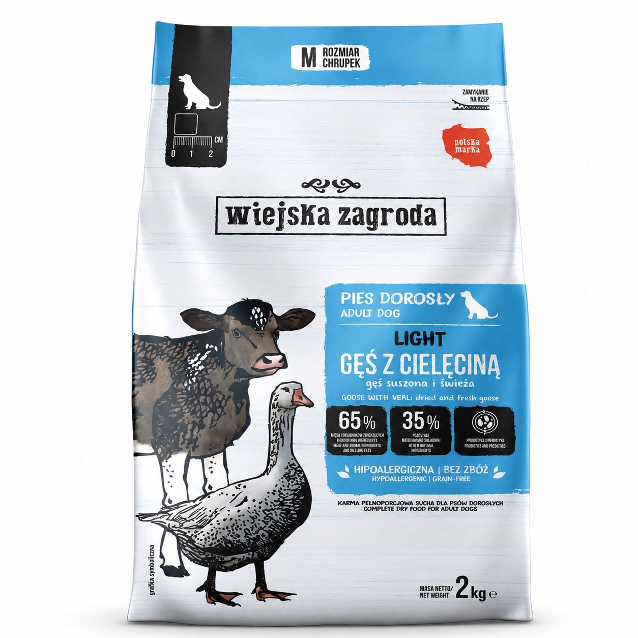 Sucha karma dla psa Light Gęś z cielęciną probiotyk Wiejska Zagroda 2 kg