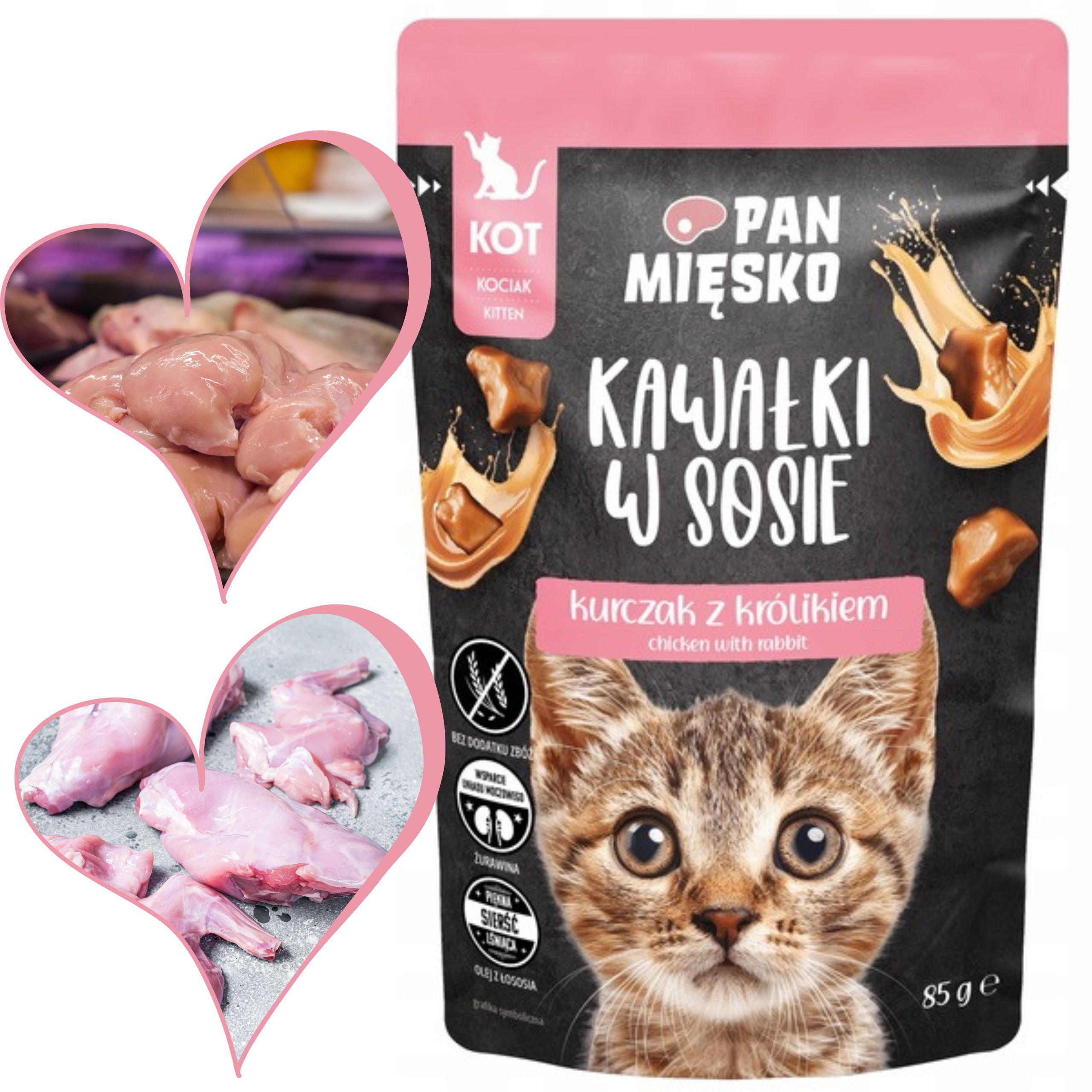KARMA MOKRA DLA KOTA Pan Mięsko Kawałki w sosie Kurczak królik 85g kocięta