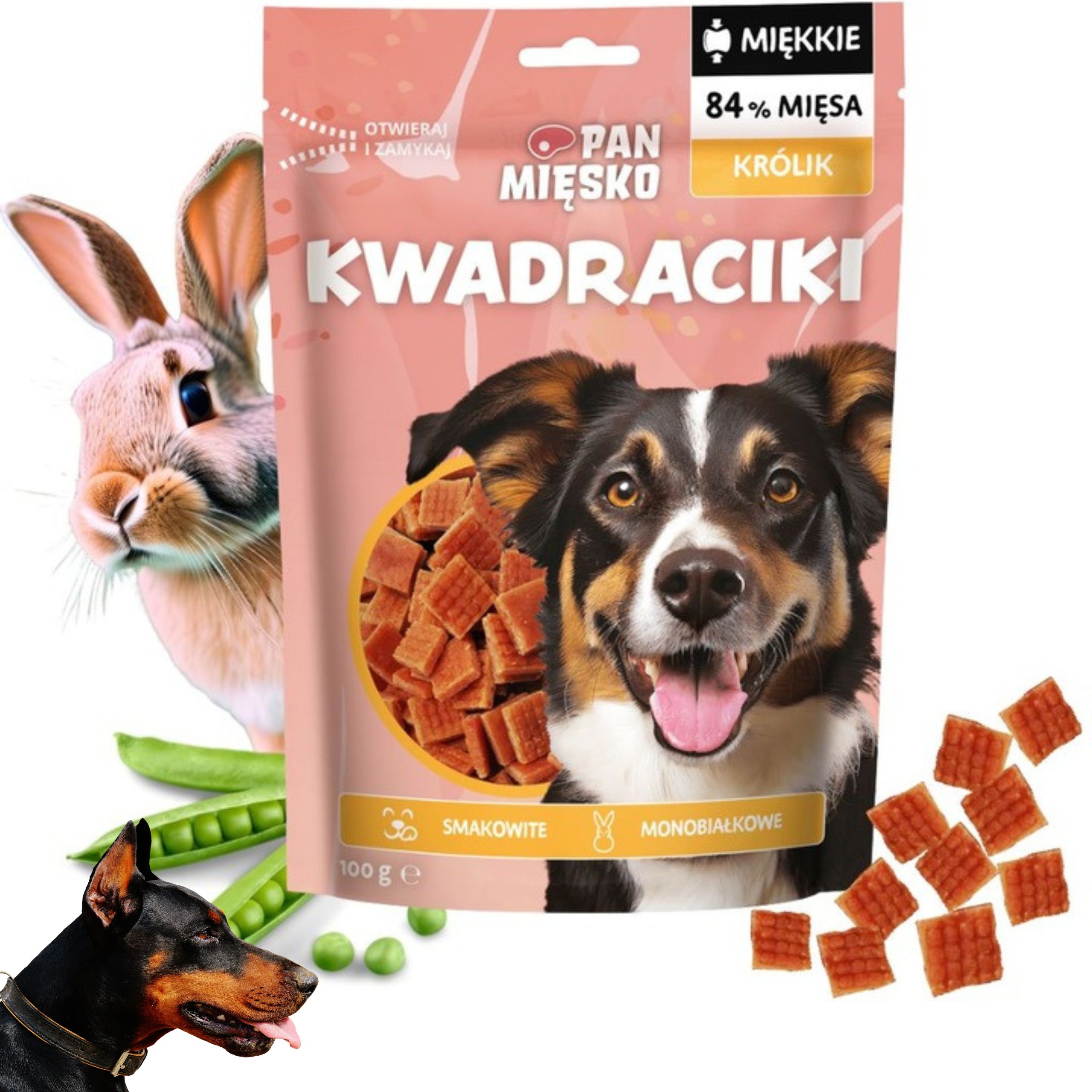 Przysmaki dla psa Pan Mięsko Kwadraciki Królik 100 g monobiałkowe smakołyki