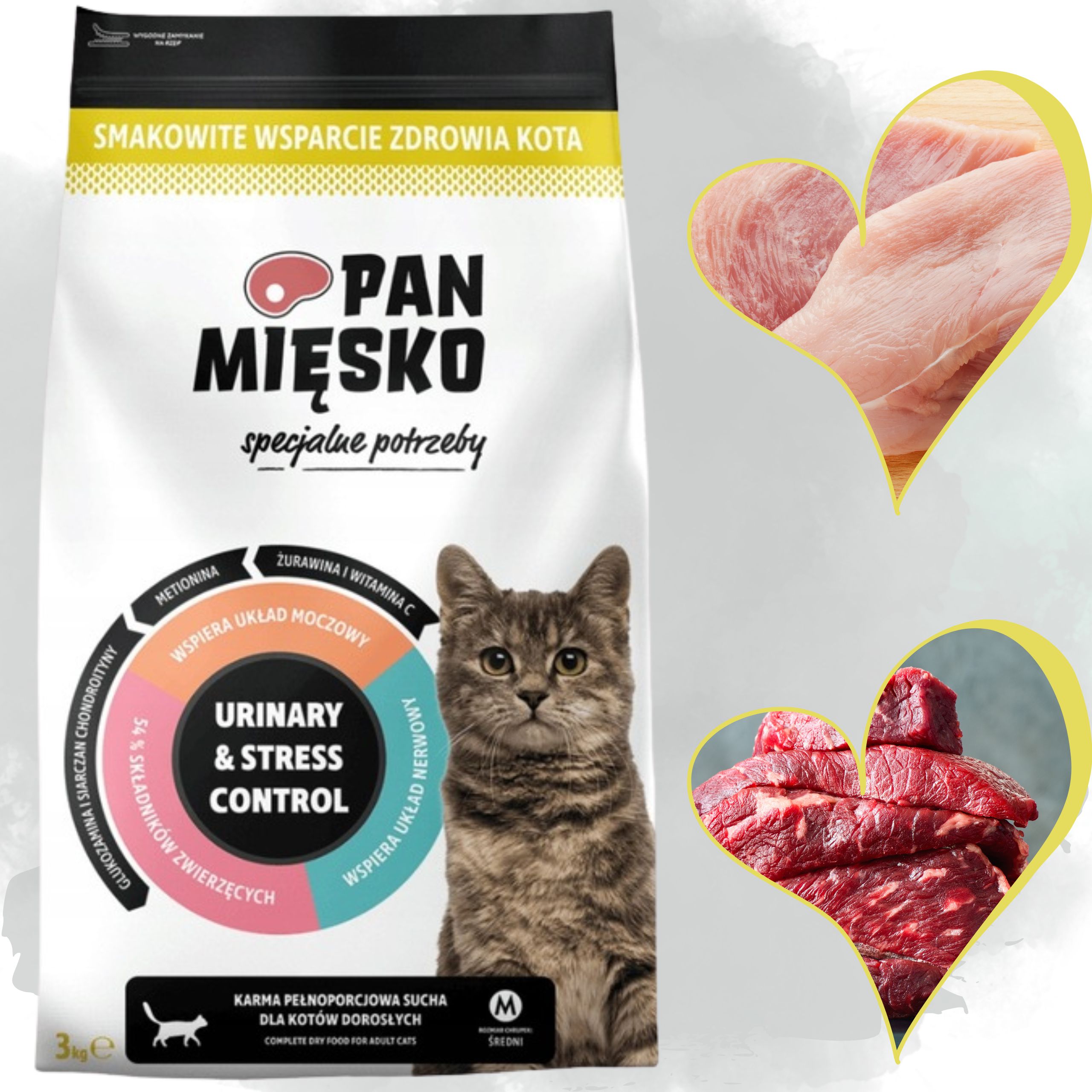 SUCHA KARMA DLA KOTA Pan Miesko Urinary &amp; Stres Control 3 kg INDYK WOŁOWINA