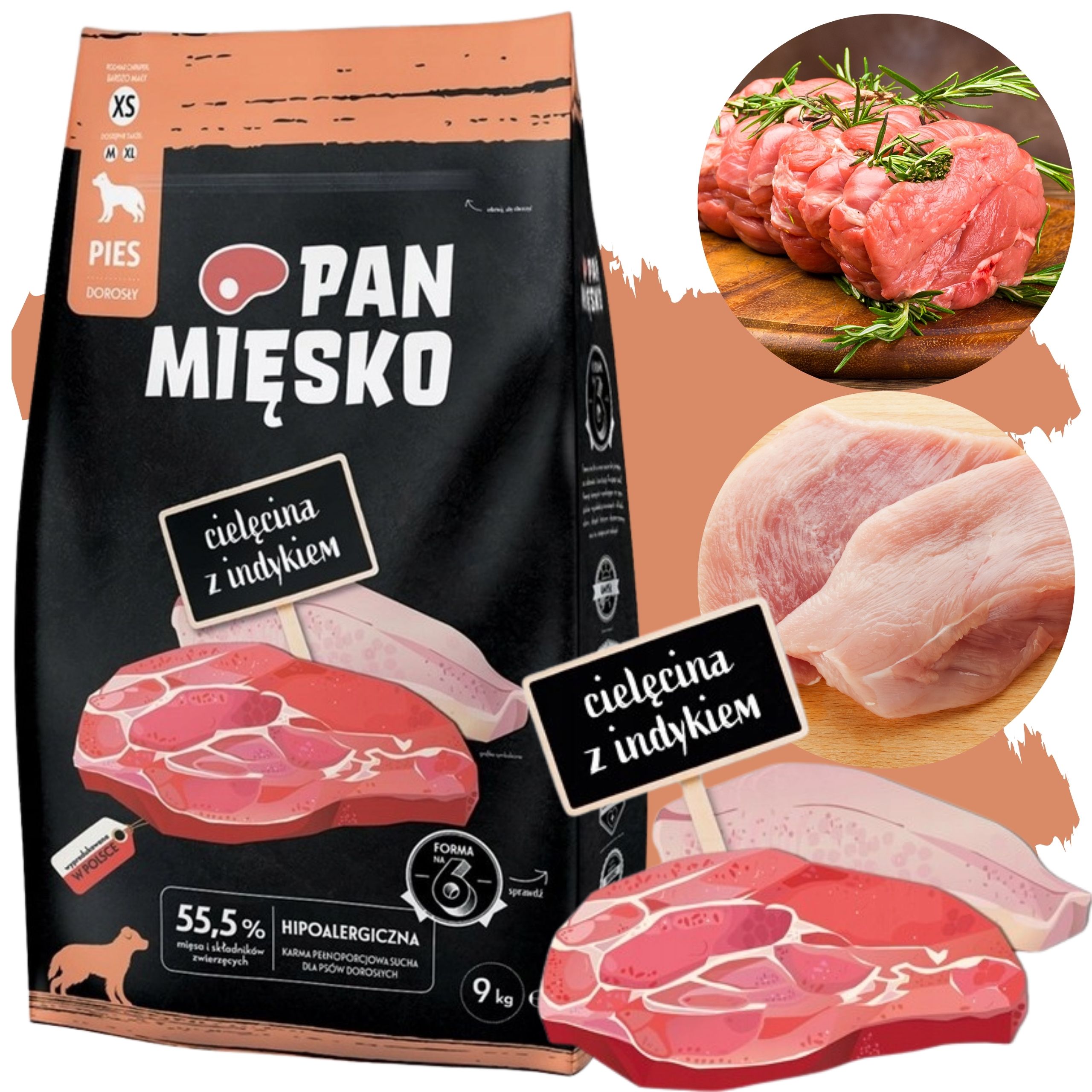 Sucha karma dla psa Cielęcina z indykiem Pan Mięsko hipoalergiczna XS 9 kg