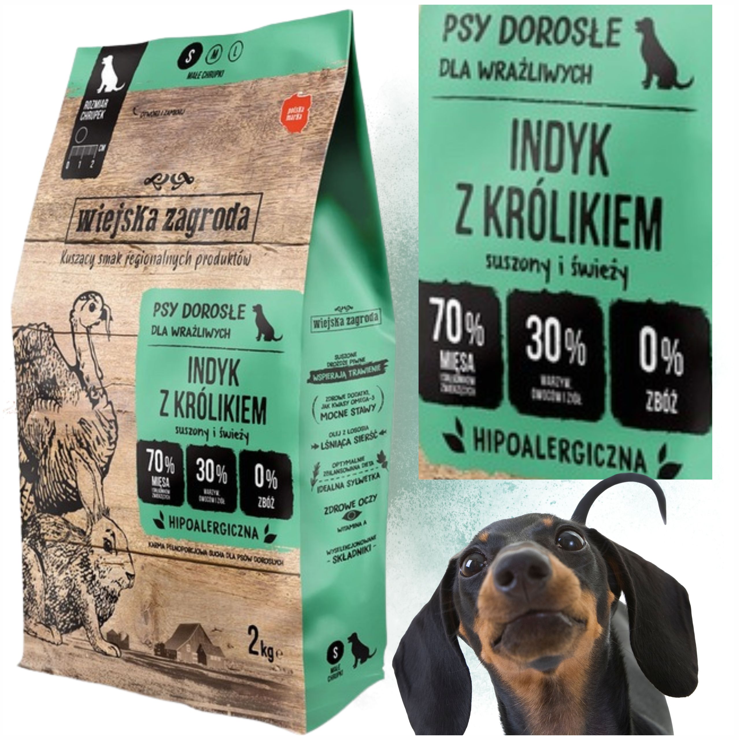 SUCHA KARMA DLA PSA Wiejska Zagroda Indyk z królikiem HIPOALERGICZNA S 2 KG