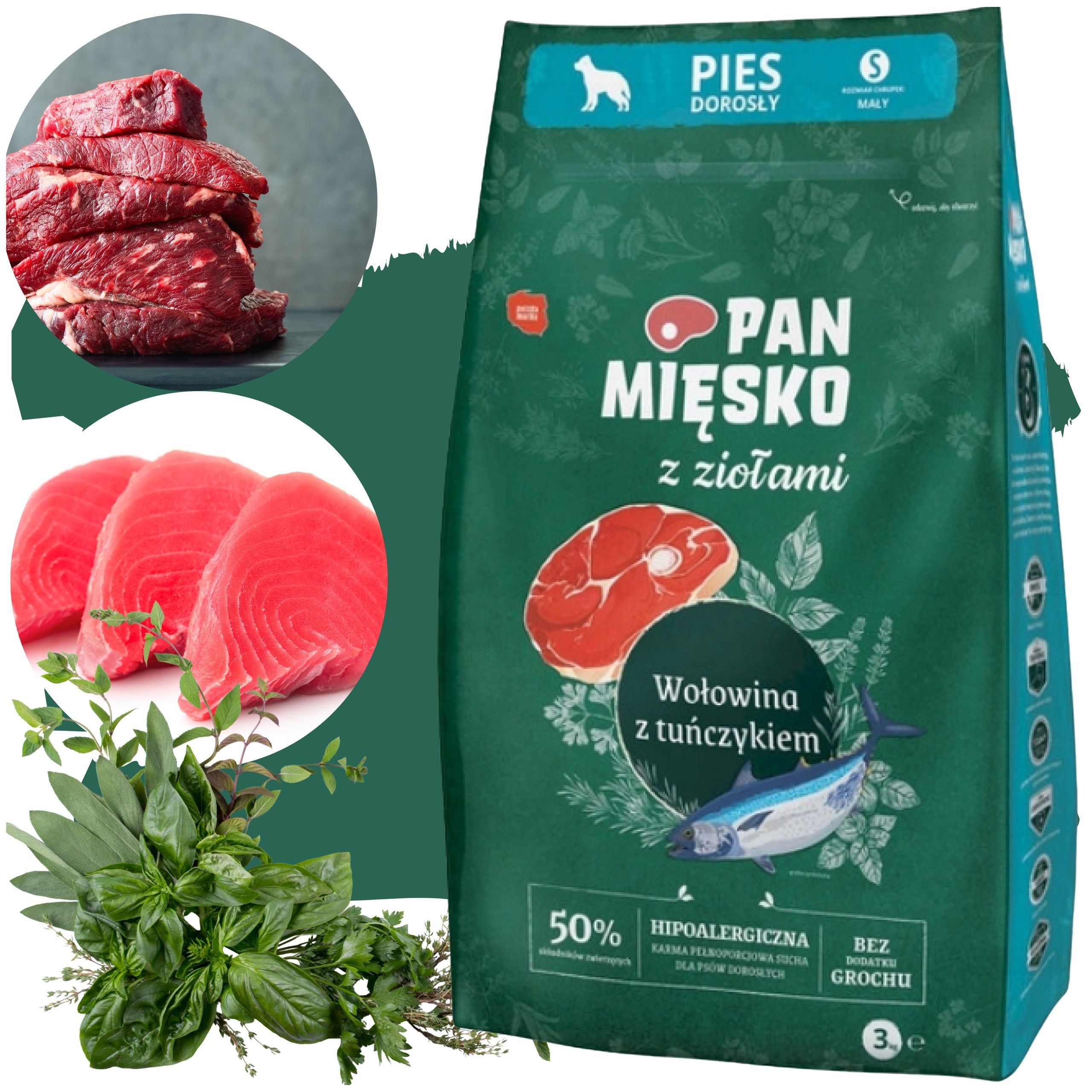 Sucha karma dla psa Wołowina tuńczyk Zioła Pan Mięsko hipoalergiczna S 3 kg