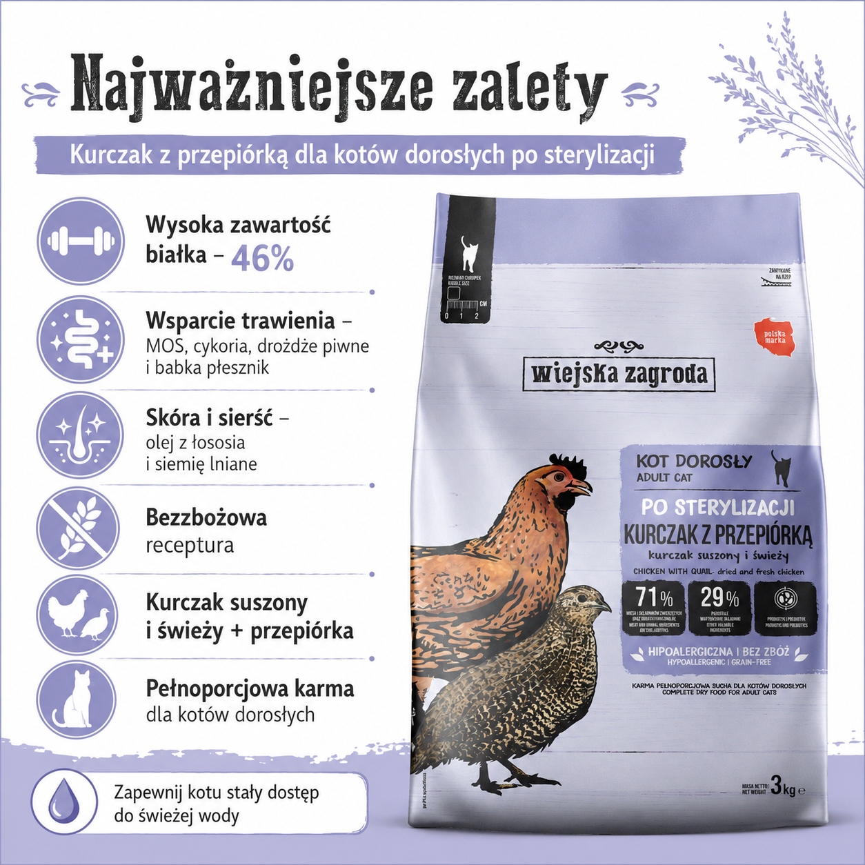 Sucha karma dla kota Kurczak z przepiórką Sterilized Wiejska Zagroda 3 kg