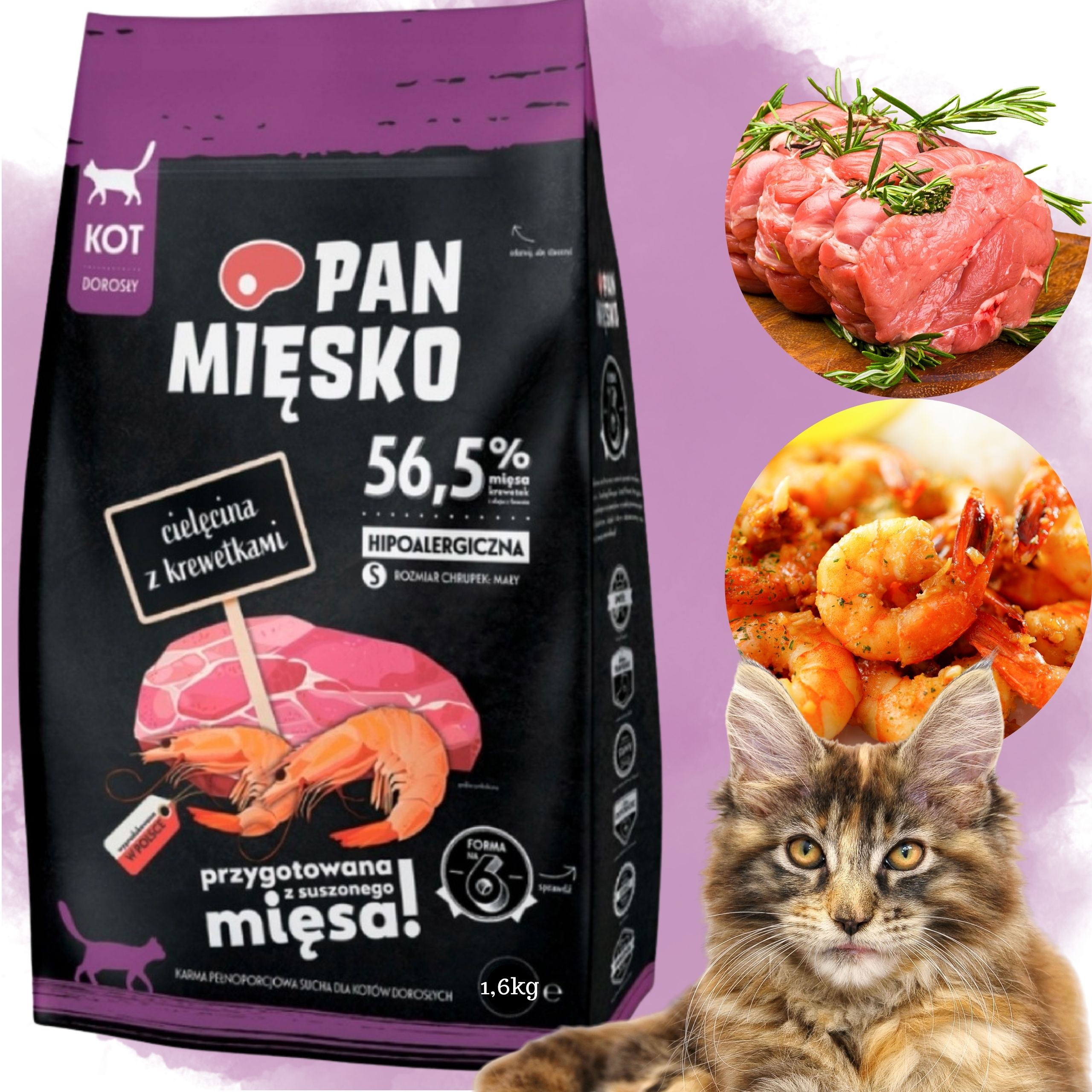 Sucha karma dla kota Cielecina krewetki Pan Miesko hipoalergiczna S 1.6kg