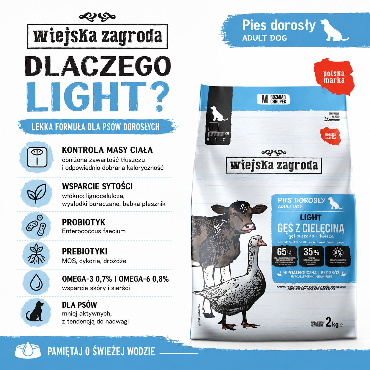 Sucha karma dla psa Light Gęś z cielęciną probiotyk Wiejska Zagroda 2 kg