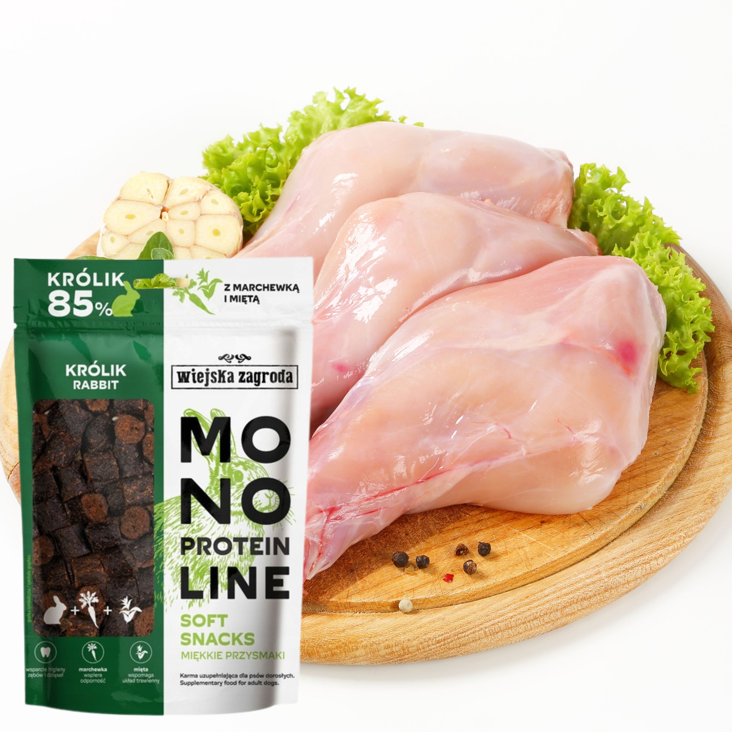 Przysmak dla psa Królik Monoproteinowe miękkie smaczki Wiejska Zagroda 115g