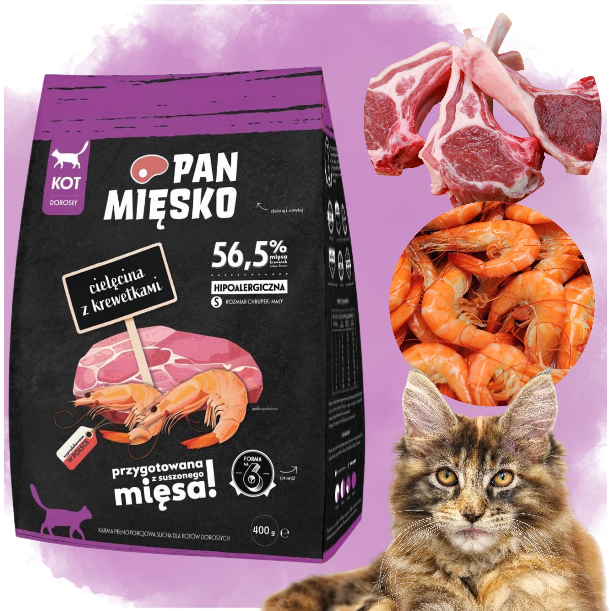 Sucha karma dla kota Pan Mięsko Cielęcina krewetki S 400 gr HIPOALERGICZNA