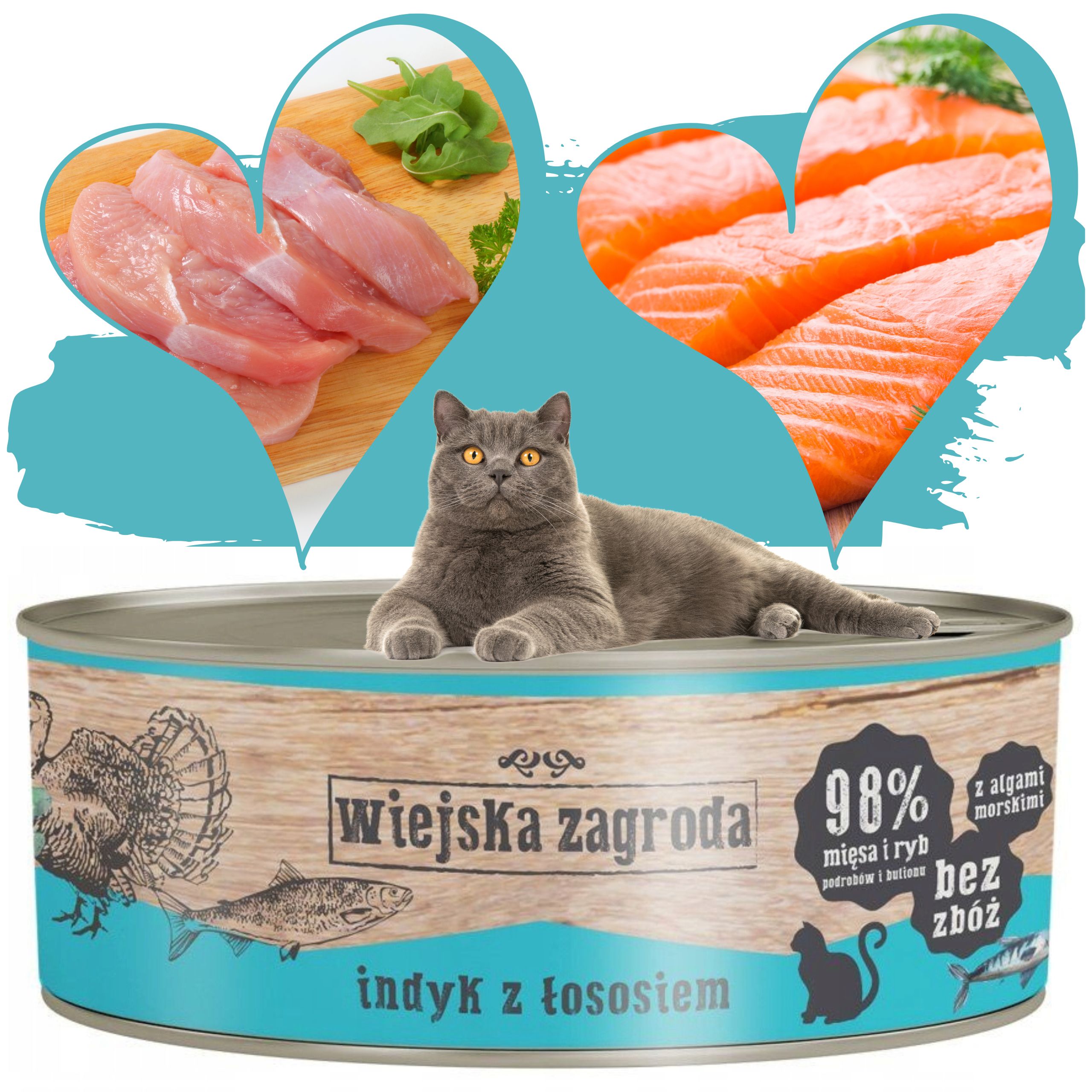 Karma mokra dla kota  Indyk z łososiem 85g Wiejska Zagroda bez zbóż i cukru