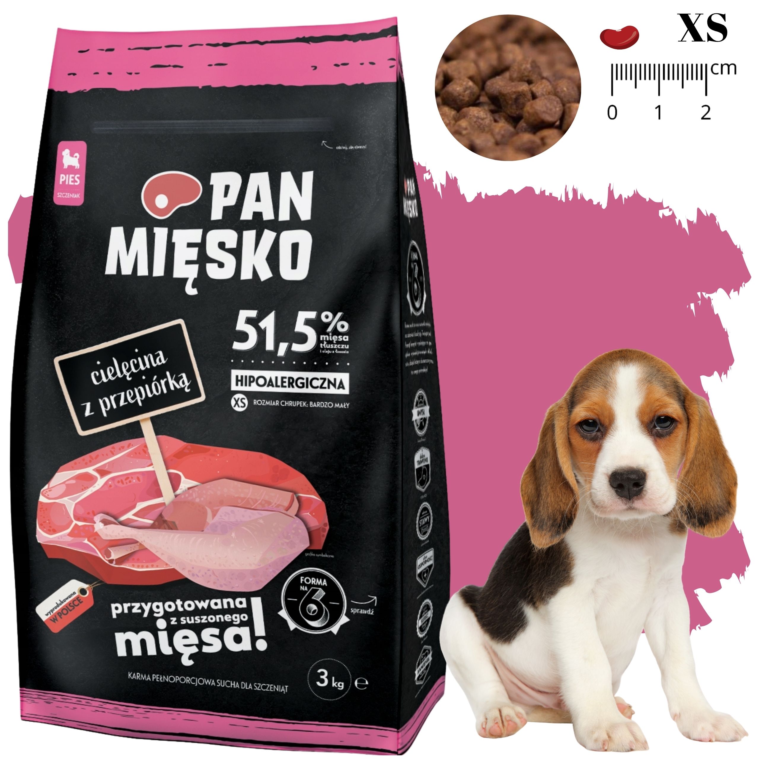 Sucha karma dla psa Cielęcina przepiórka Pan Mięsko szczenię alergia XS 3kg
