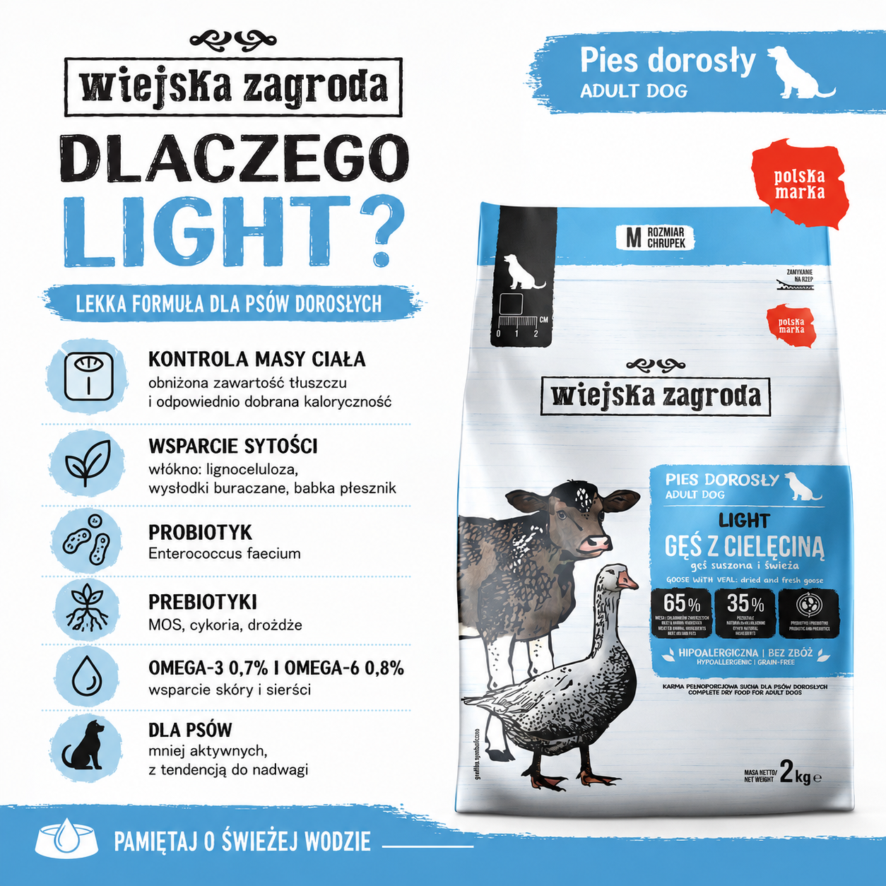 Sucha karma dla psa Light Gęś z cielęciną probiotyk Wiejska Zagroda 2 kg