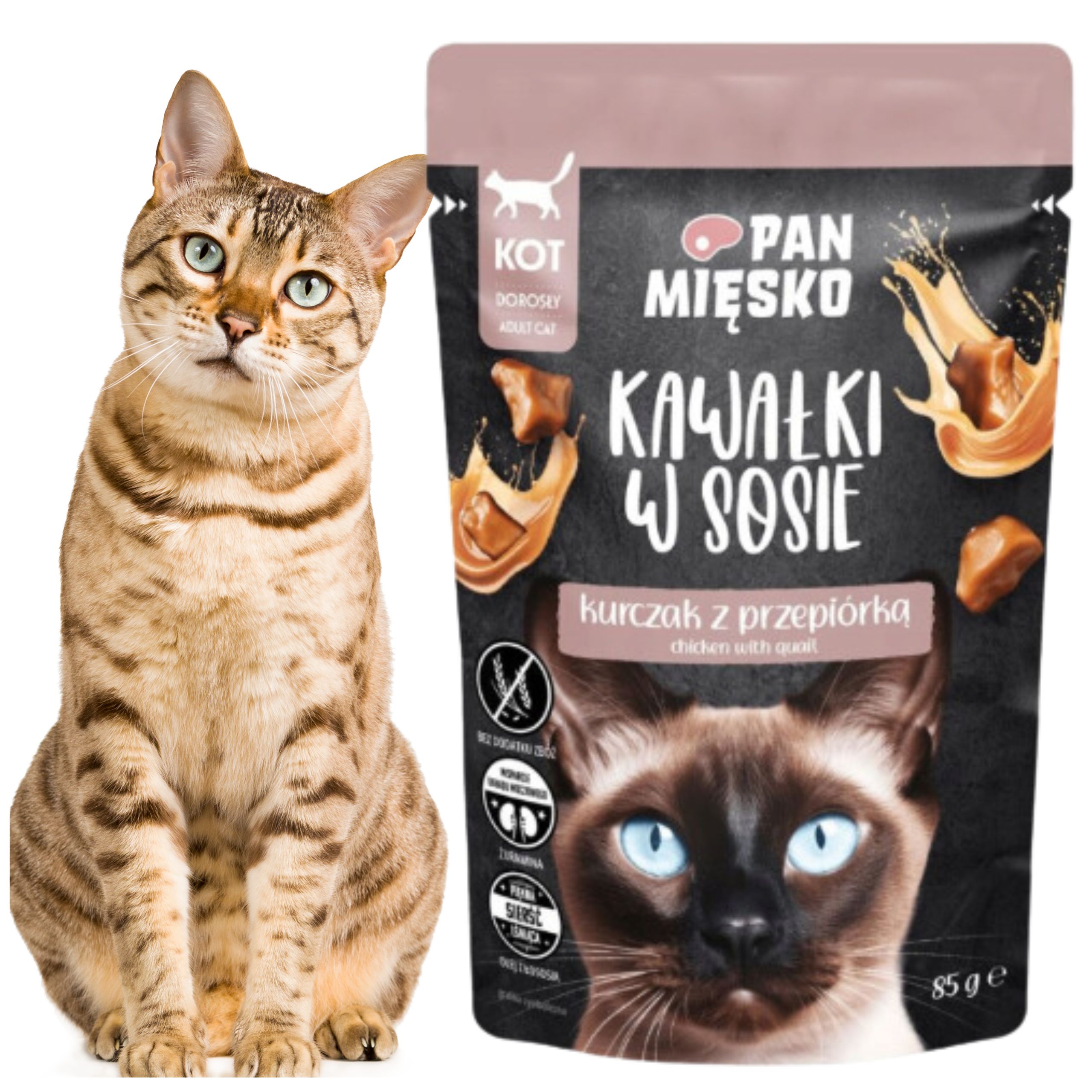 Karma mokra dla kota Kawałki mięsa Kurczak przepiórka Pan Mięsko 85g kot