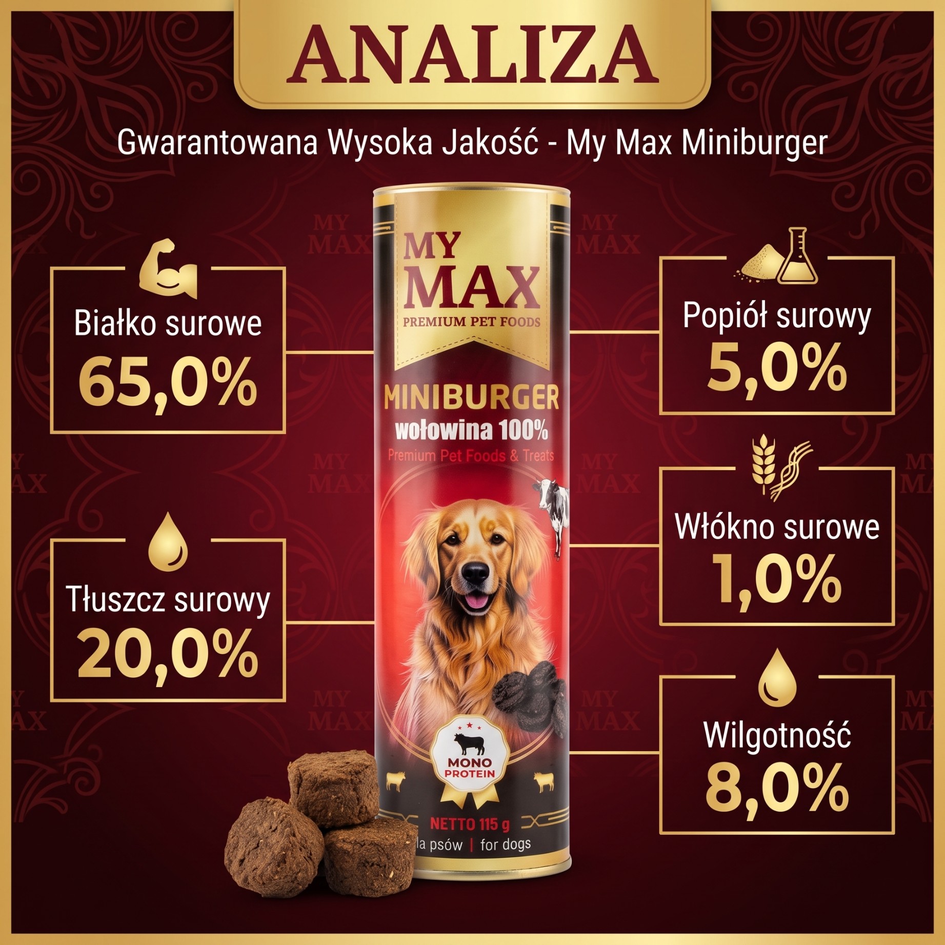 Przysmaki dla psów My Max Mini burger wołowina100% 115g miękkie smaczki