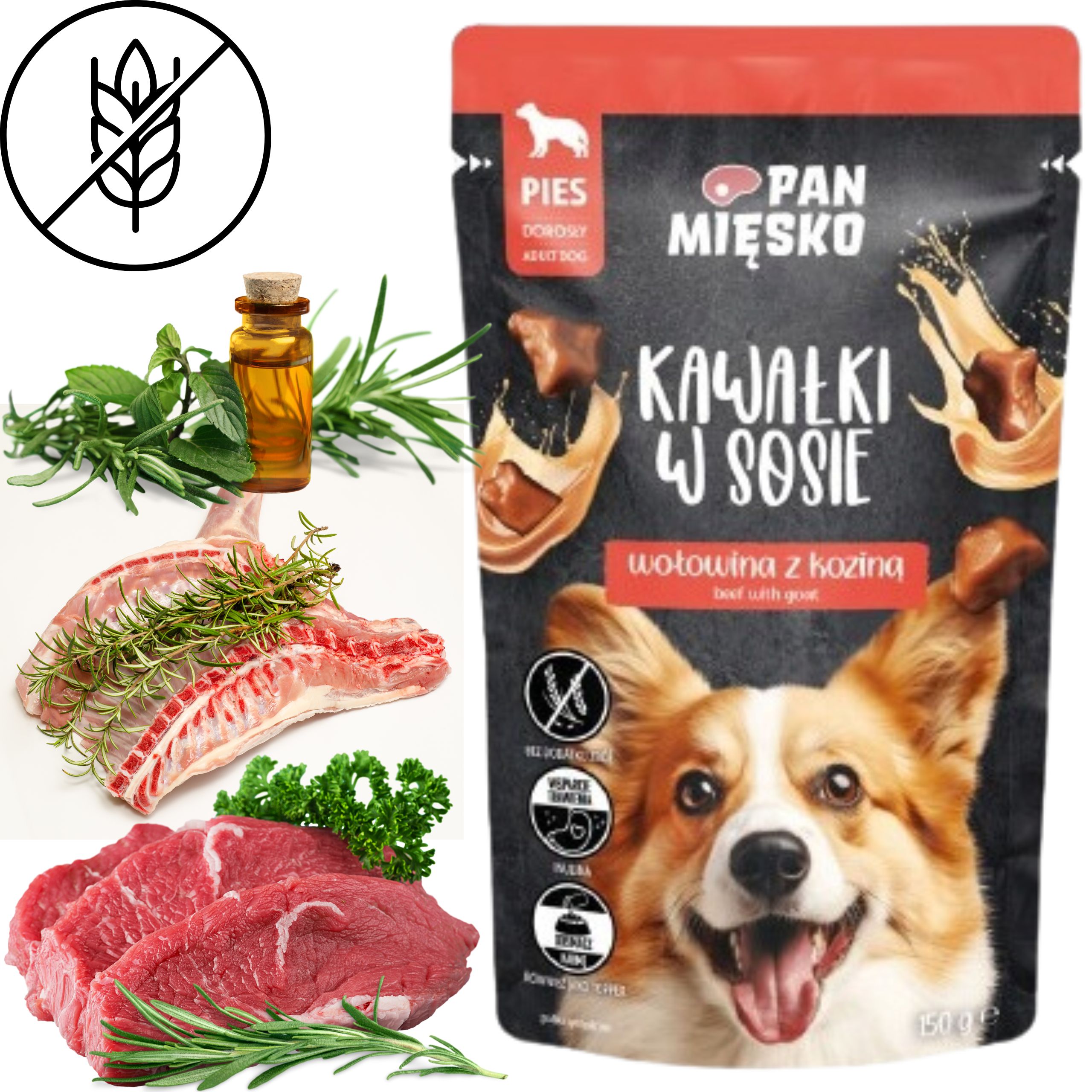 Mokra karma dla psa Kawałki mięsa Wołowina kozina Pan Mięsko 150g bez zbóż