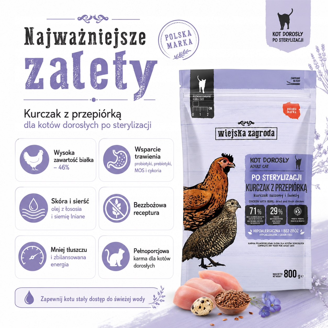 Sucha karma Kot po sterylizacji Kurczak z przepiórką Wiejska Zagroda 800g