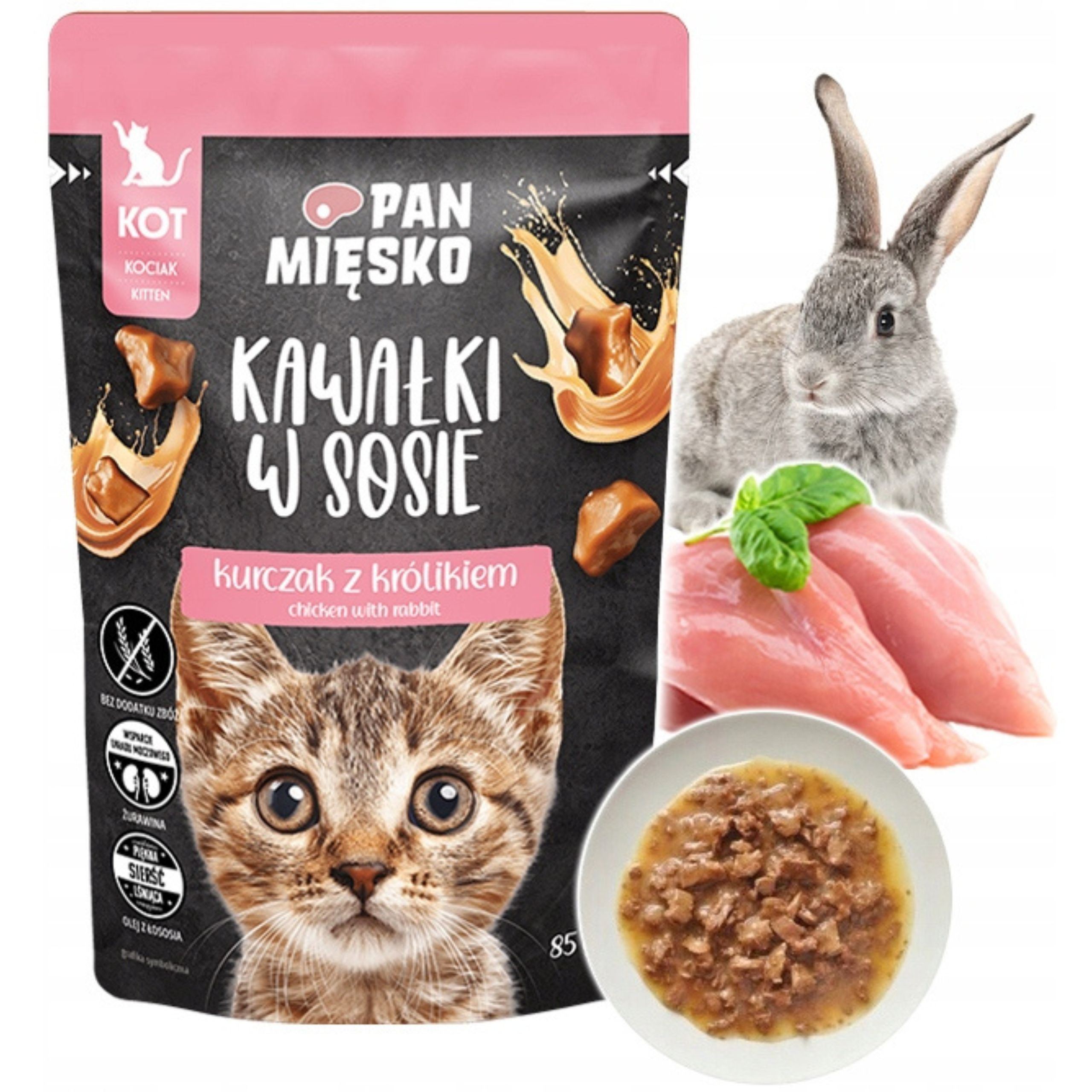 KARMA MOKRA DLA KOTA Pan Mięsko Kawałki w sosie Kurczak królik 85g kocięta