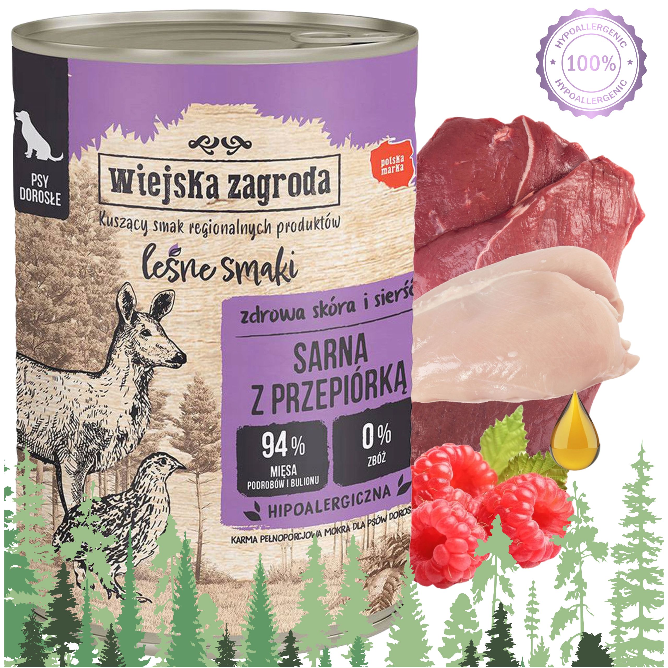Karma dla psa Sarna przepiórka 400g Leśne smaki Wiejska Zagroda sierść psów