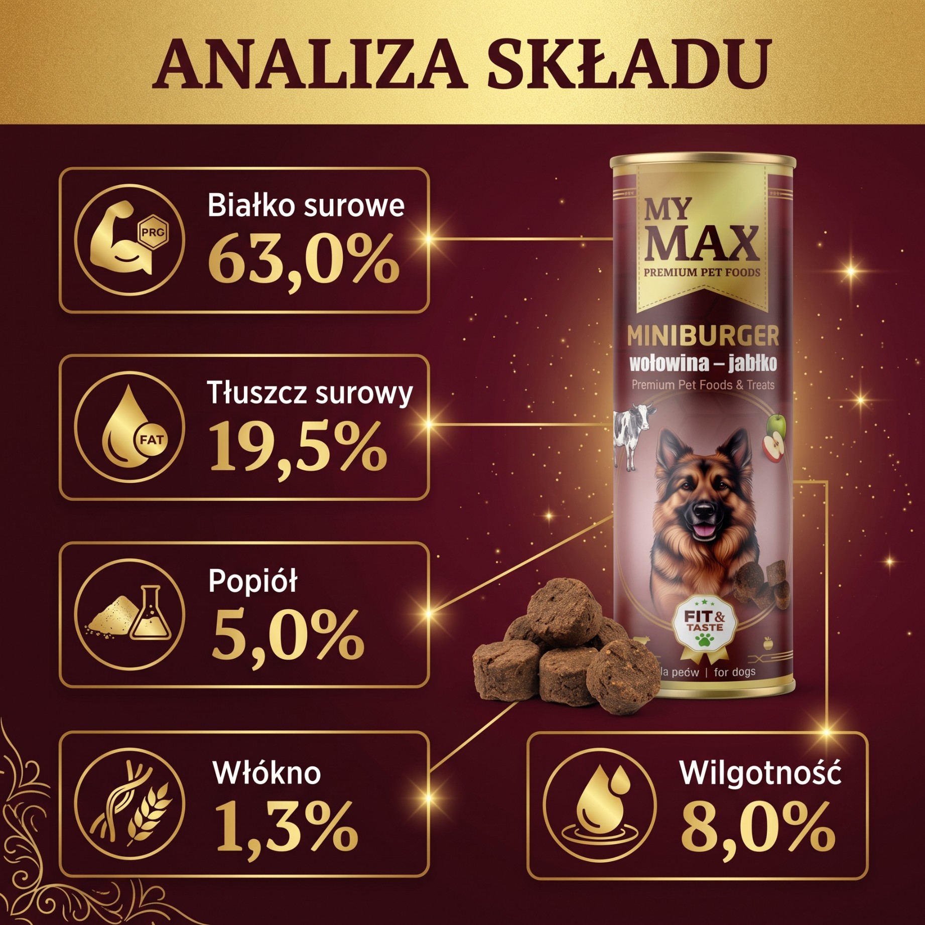 Przysmaki dla psów My Max Mini burger wołowina jabłko 115g miękkie smaczki