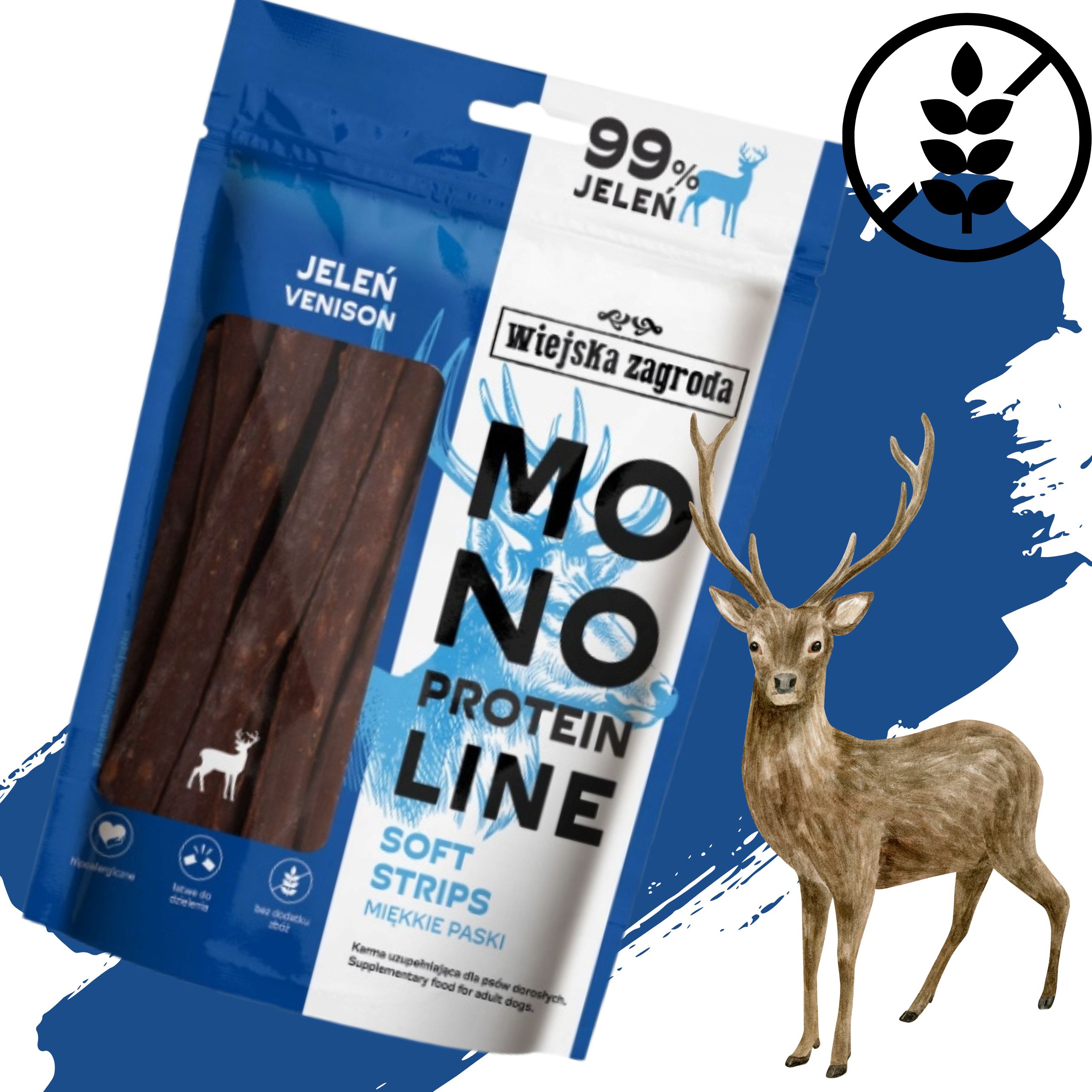 Przysmaki dla psa Jeleń Monoproteinowe miękkie paski Wiejska Zagroda 100g