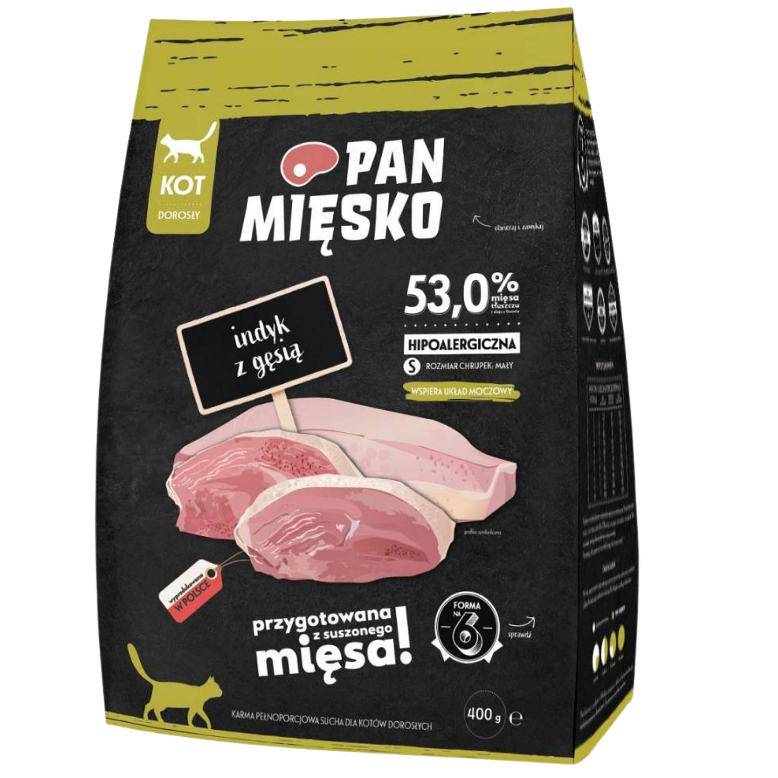Sucha karma dla kota Indyk z gęsią Pan Mięsko hipoalergiczna chrupki S 400g