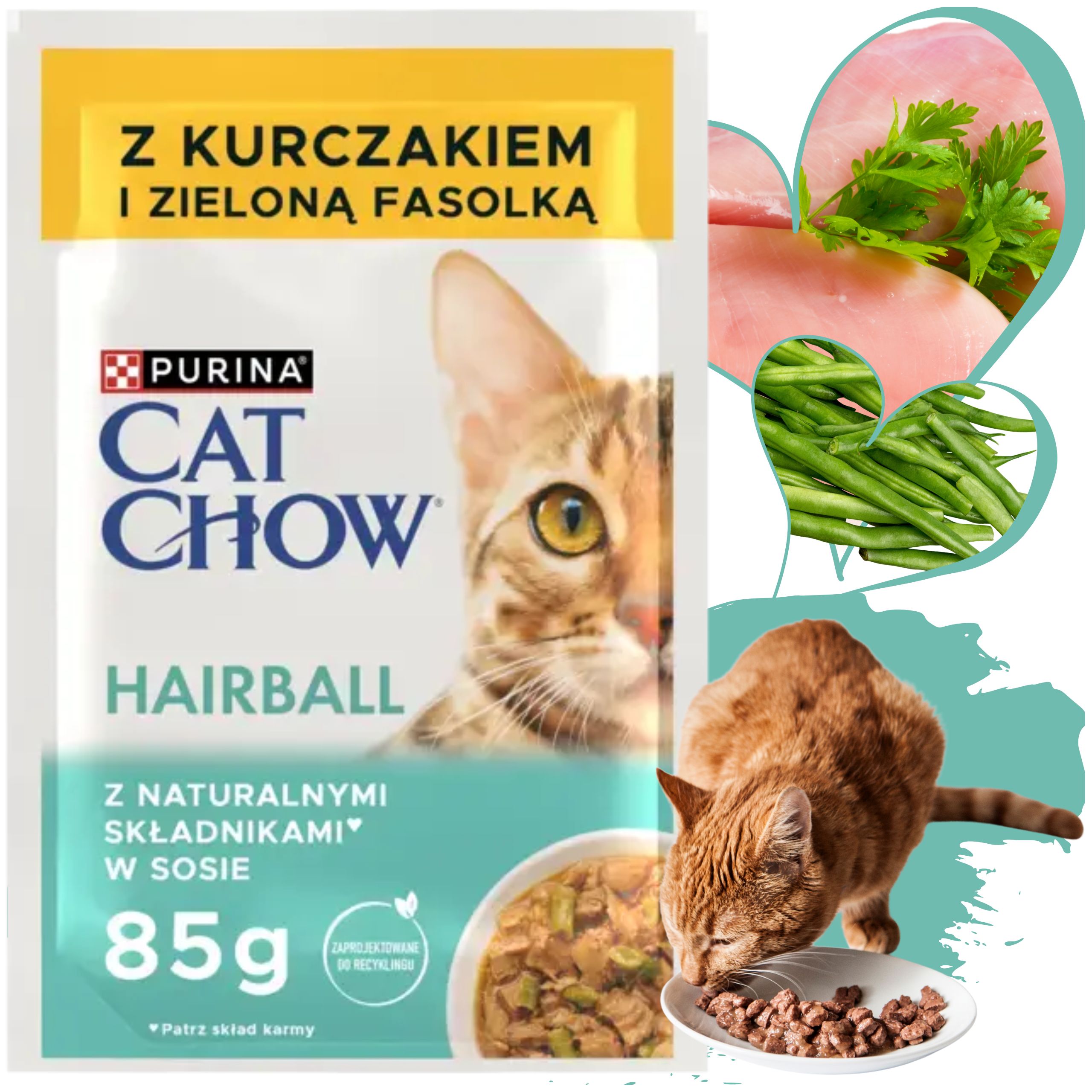 KARMA MOKRA DLA KOTA PURINA CAT CHOW HAIRBALL KURCZAK Z ZIELONĄ FASOLKĄ 85g