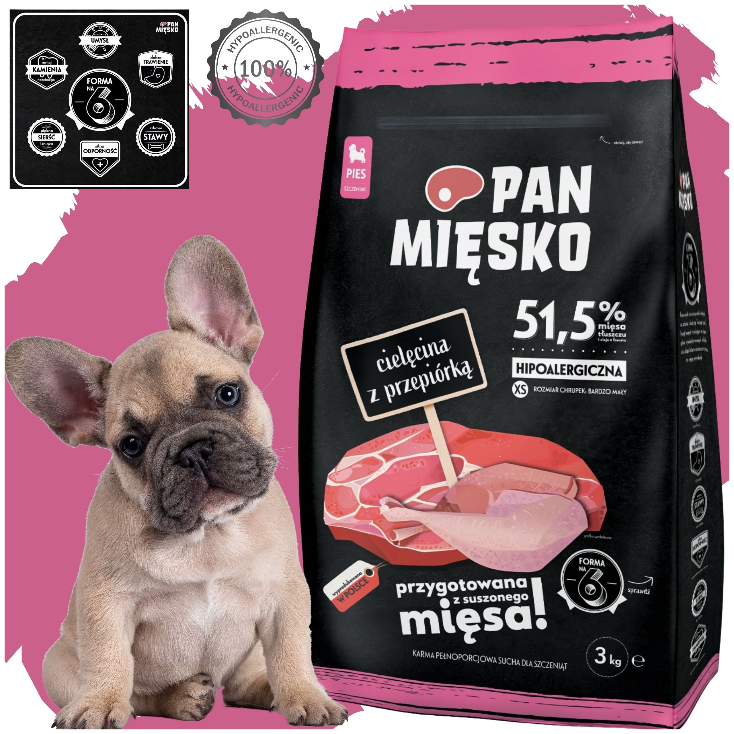 Sucha karma dla psa Cielęcina przepiórka Pan Mięsko szczenię alergia XS 3kg