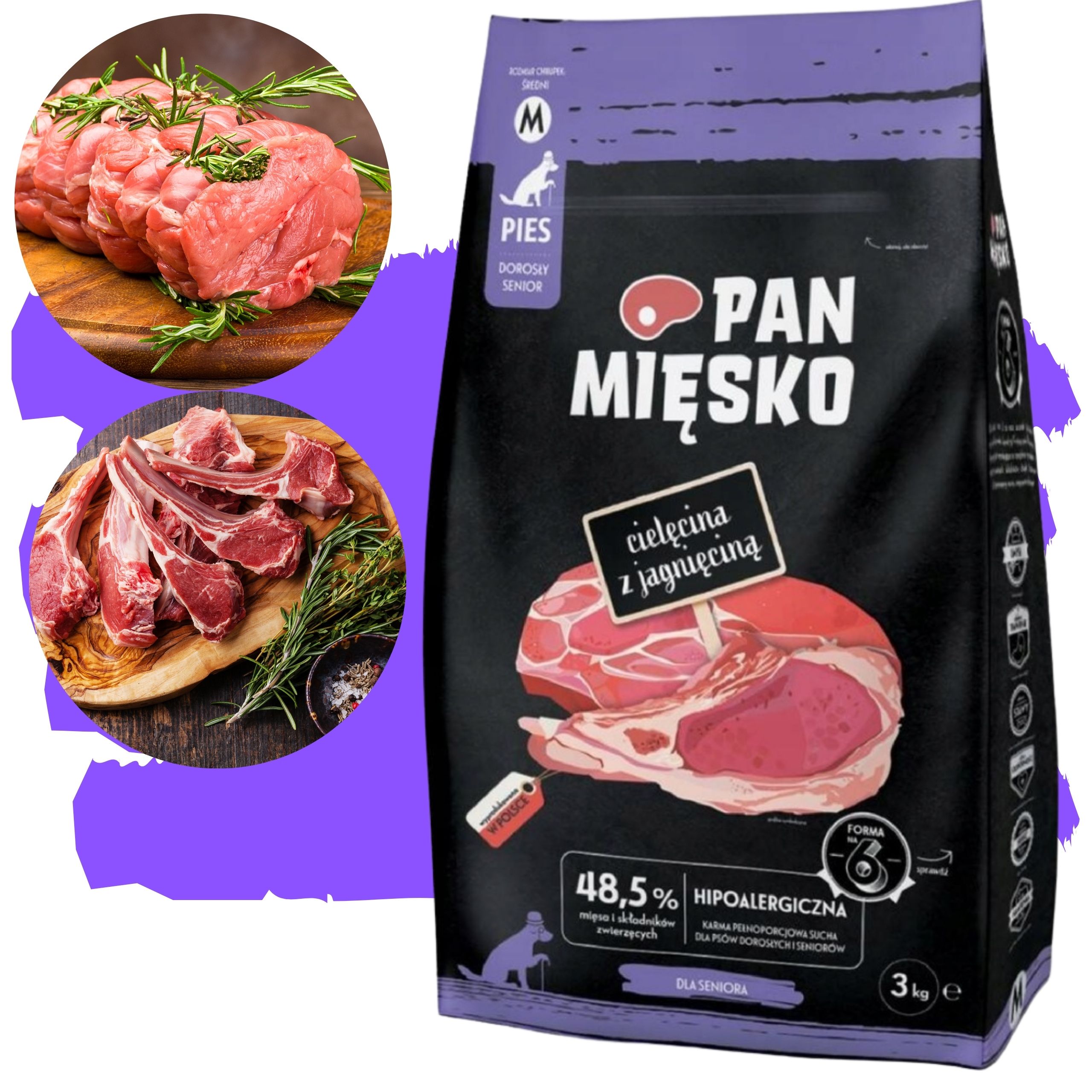 Sucha karma dla psa Pan Mięsko Cielęcina z jagnięciną chrupki M 3kg senior