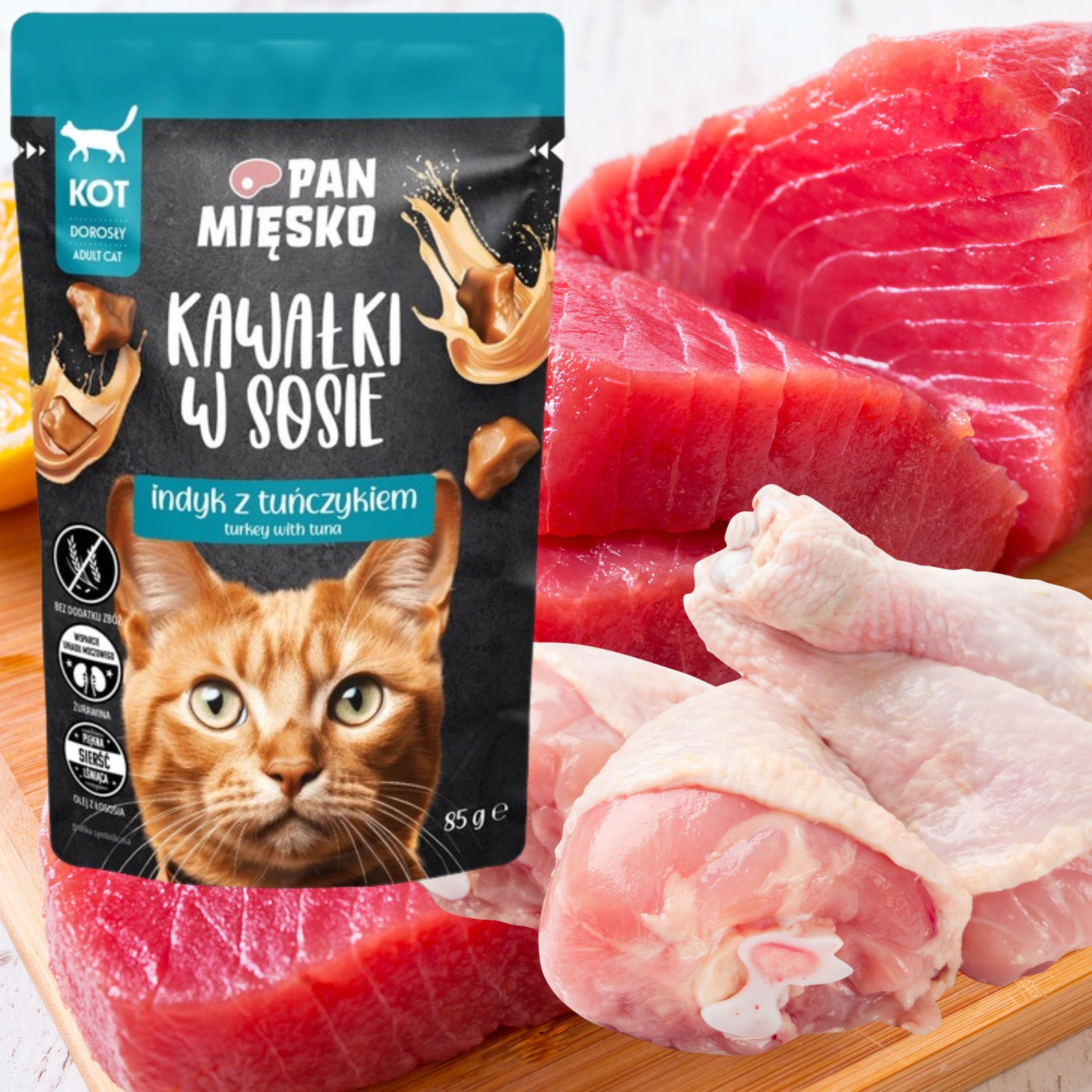 Karma mokra dla kota Kawałki mięsa Indyk tuńczyk Pan Mięsko 85g bezzbożowa