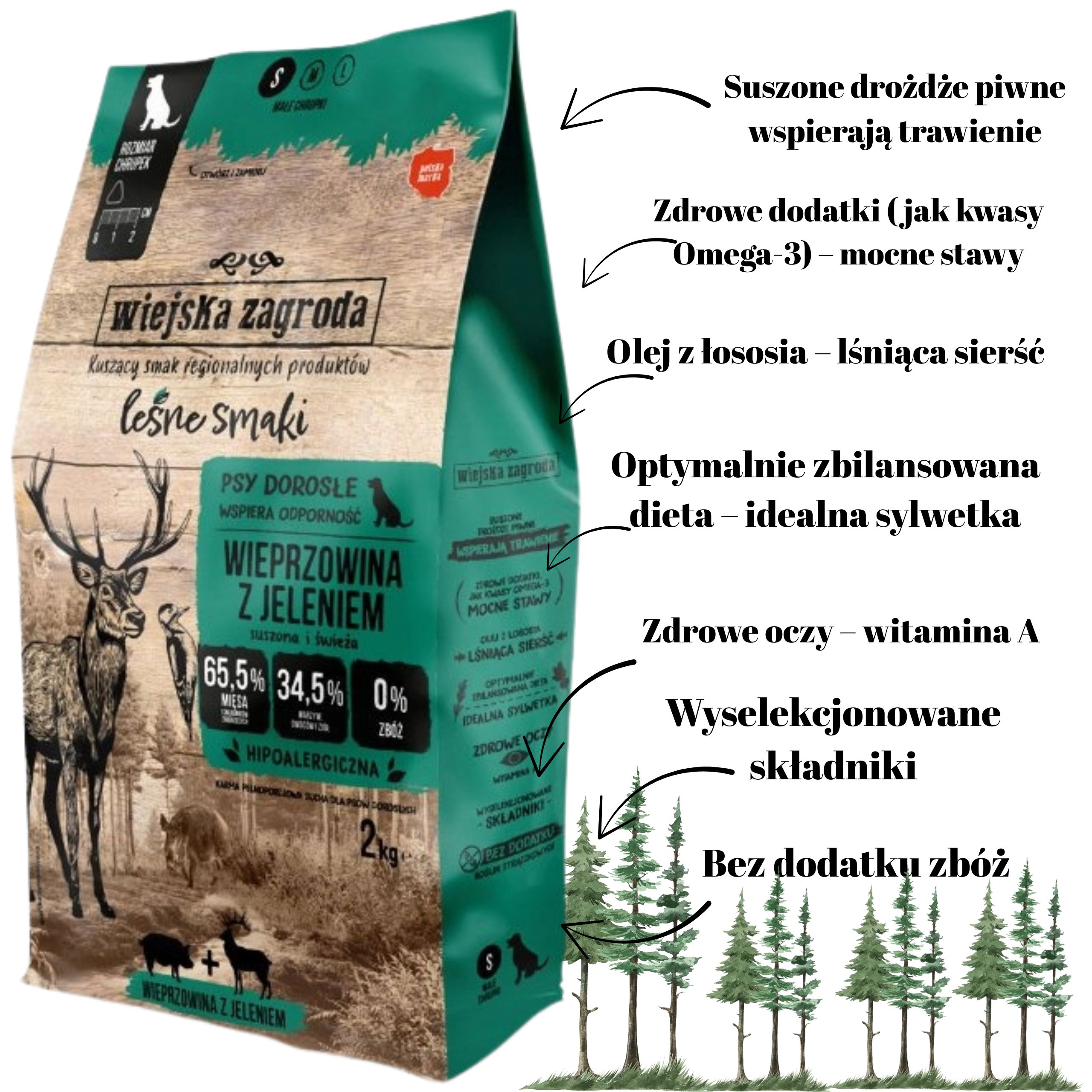 Sucha karma dla psa Leśne smaki Wieprzowina  jeleń S 2kg Wiejska Zagroda