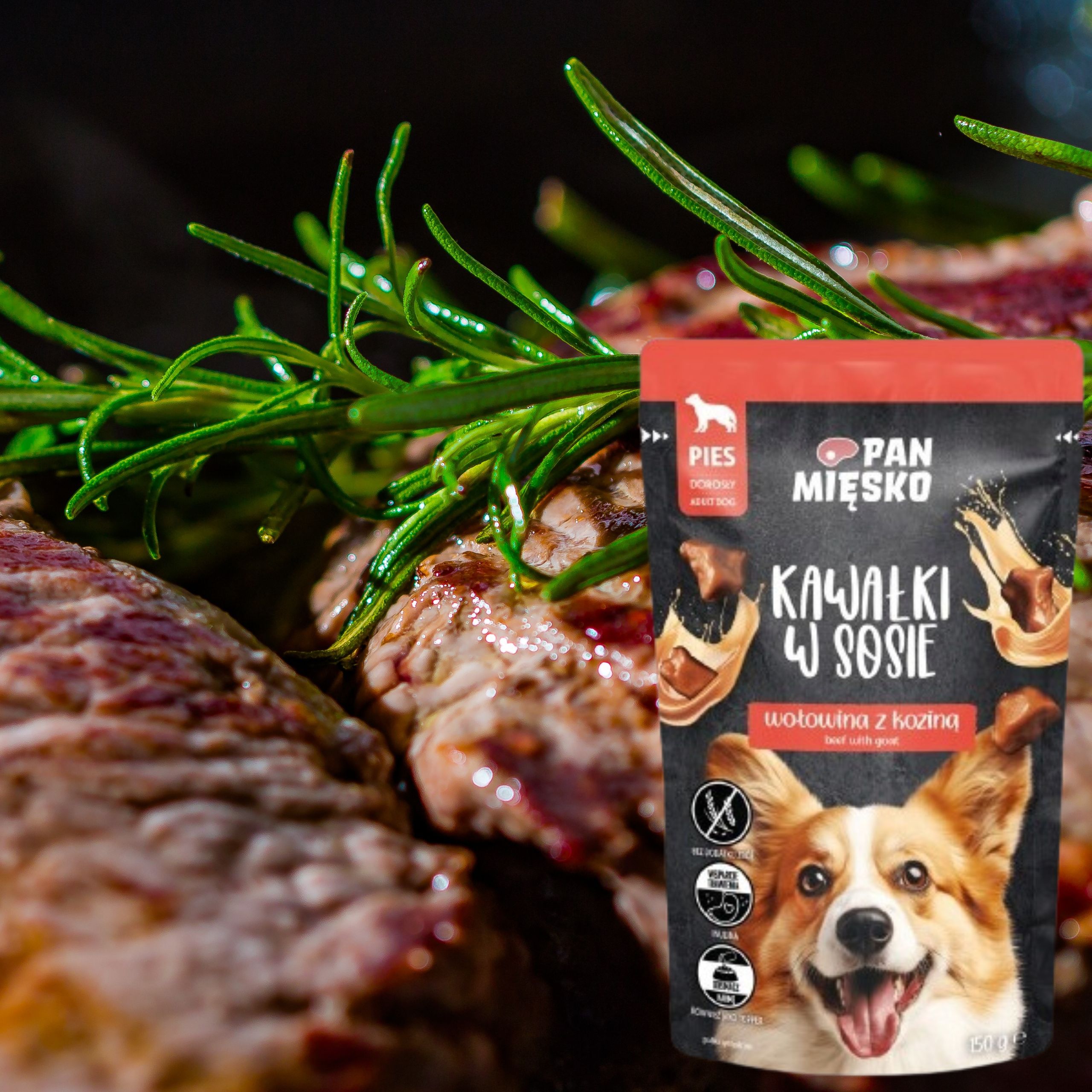 Mokra karma dla psa Kawałki mięsa Wołowina kozina Pan Mięsko 150g bez zbóż