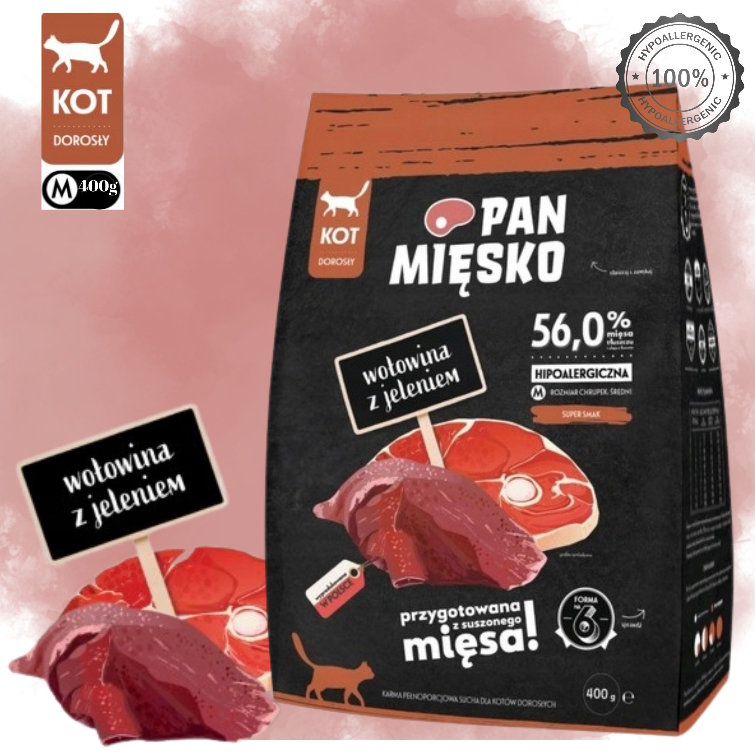 Sucha karma dla kota Wołowina z jeleniem Pan Mięsko hipoalergiczna M 400g