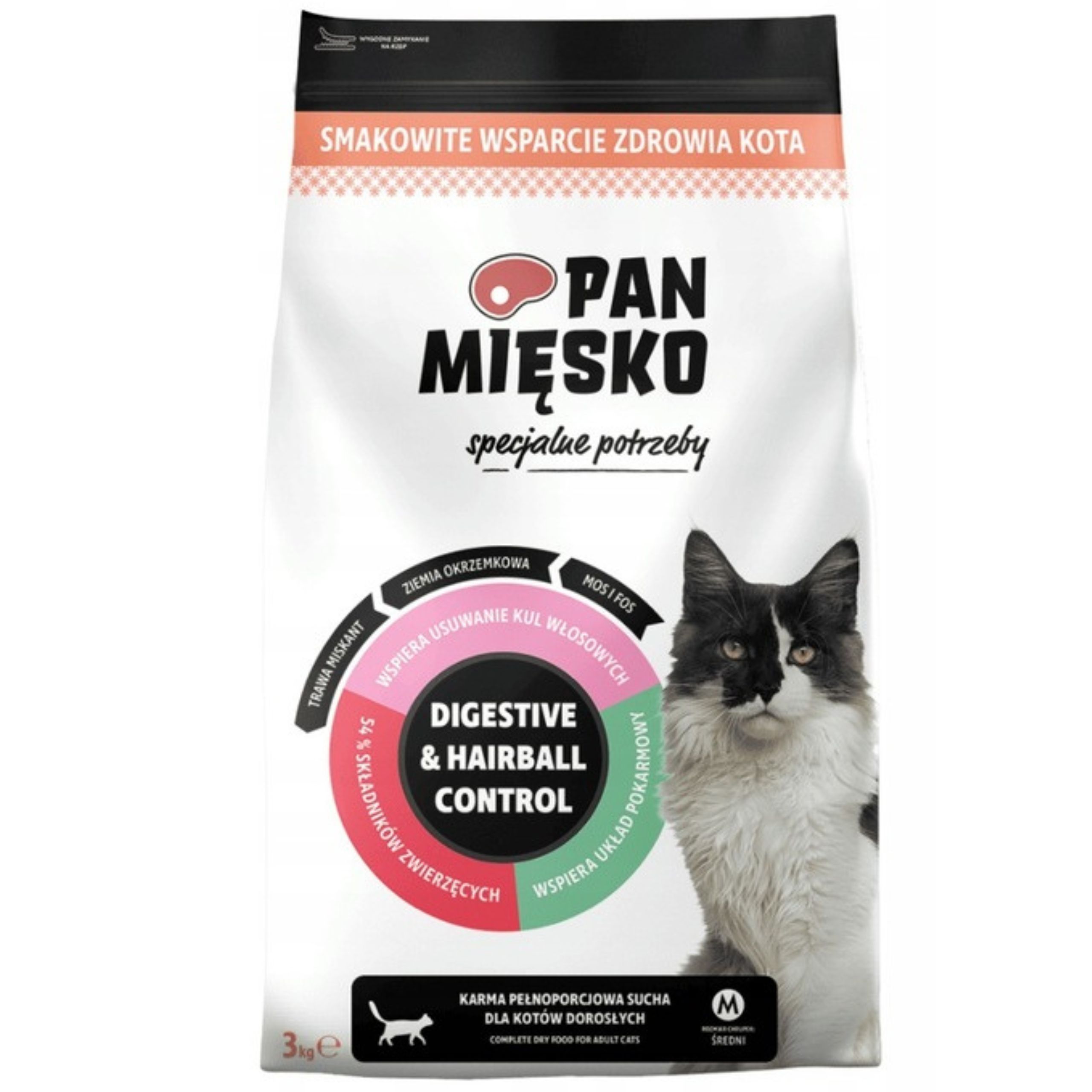 SUCHA KARMA DLA KOTA Pan Miesko Digestive &amp; Hairball Control 3 kg ODKŁACZA