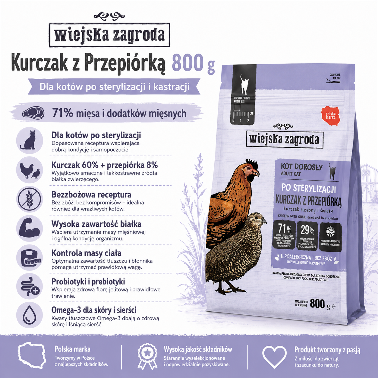 Sucha karma Kot po sterylizacji Kurczak z przepiórką Wiejska Zagroda 800g