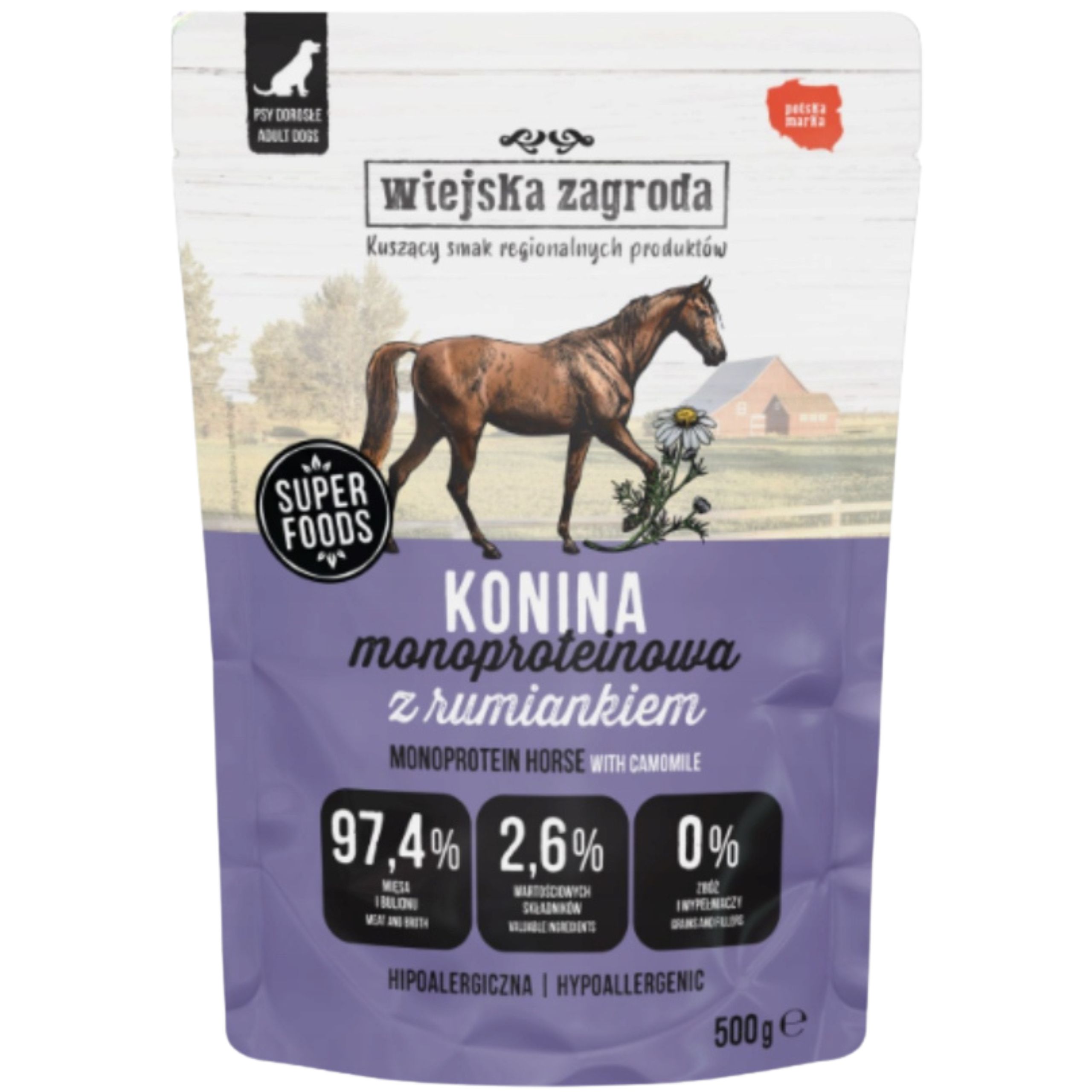 MOKRA KARMA DLA PSA Wiejska Zagroda Monobiałkowa Konina 500g HIPOALERGICZNA