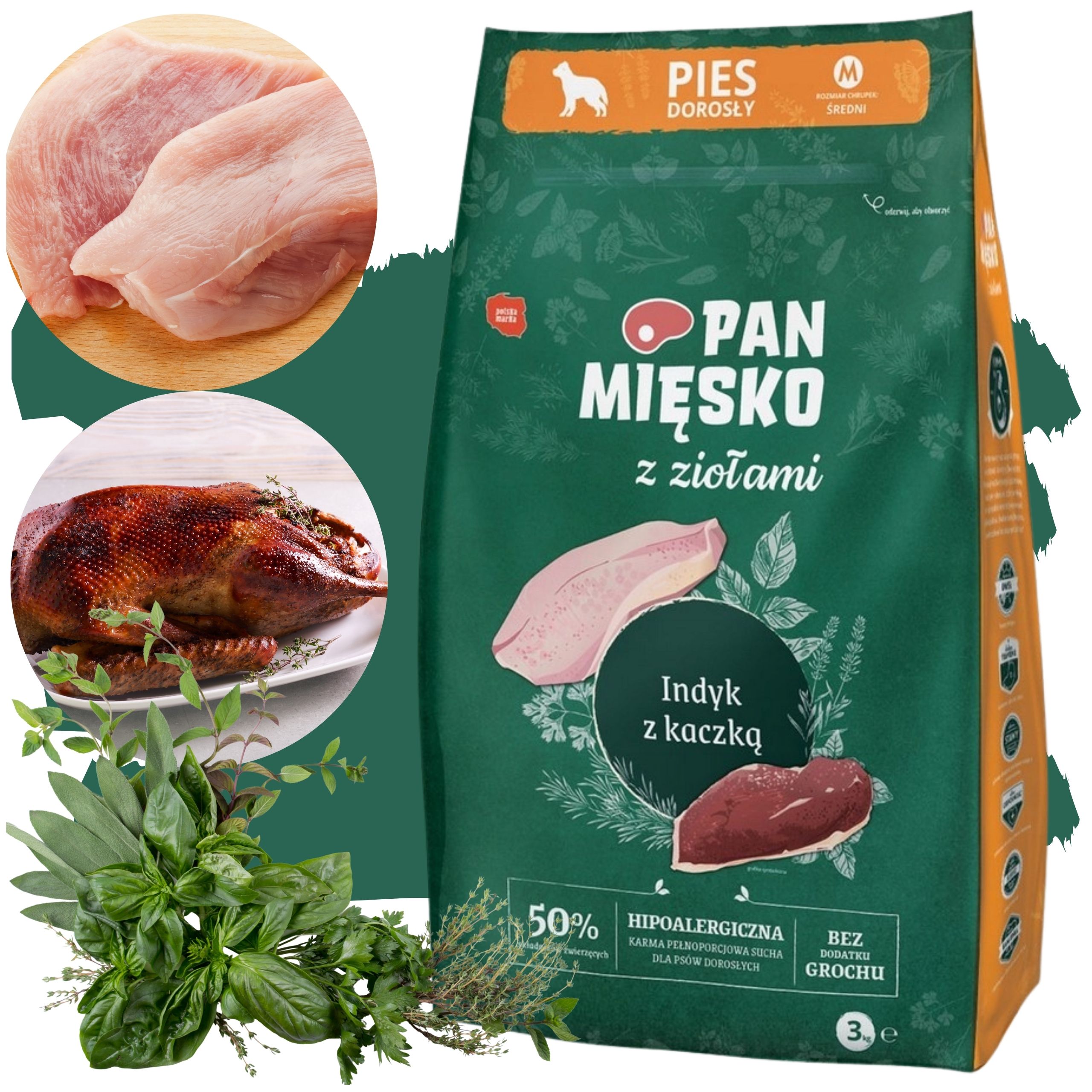 Sucha karma dla psa Indyk kaczka z Ziołami Pan Mięsko hipoalergiczna M 3kg