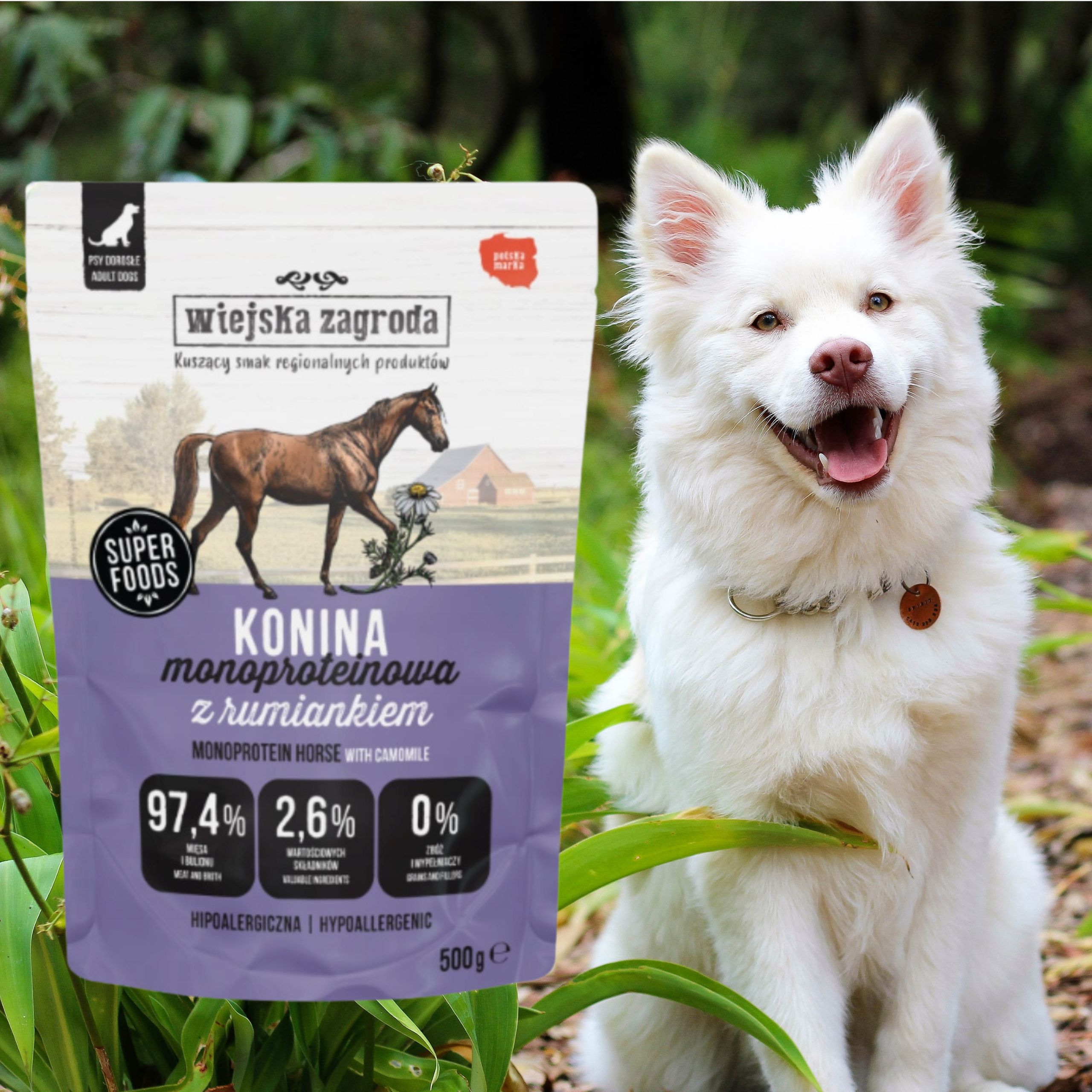 MOKRA KARMA DLA PSA Wiejska Zagroda Monobiałkowa Konina 500g HIPOALERGICZNA