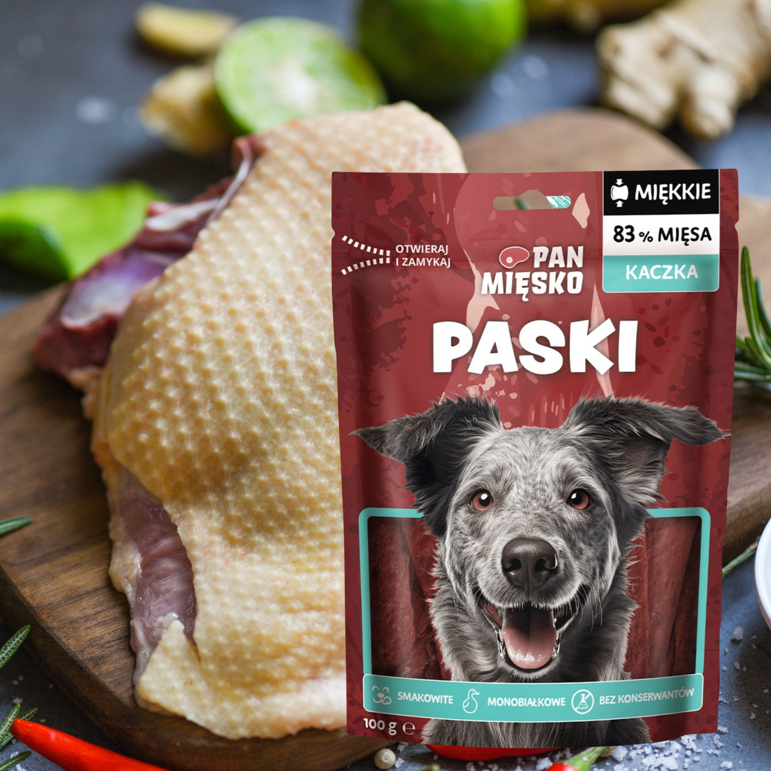 Przysmaki dla psa Paski Kaczka Pan Mięsko 100g monobiałkowe smakołyki psów