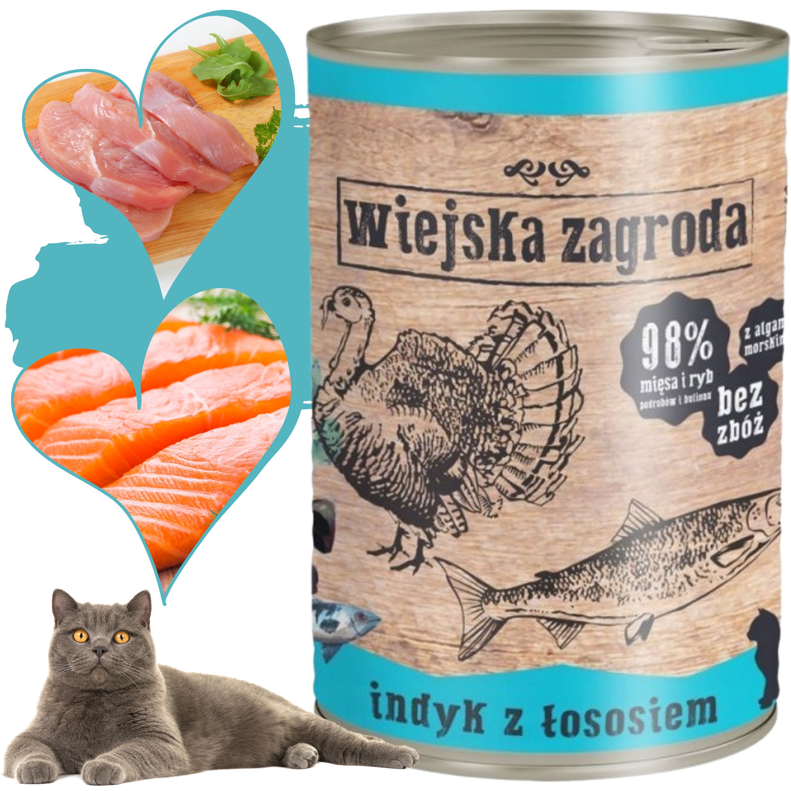 Karma mokra dla kota  Indyk łosoś 400g Wiejska Zagroda bez zbóż i cukru