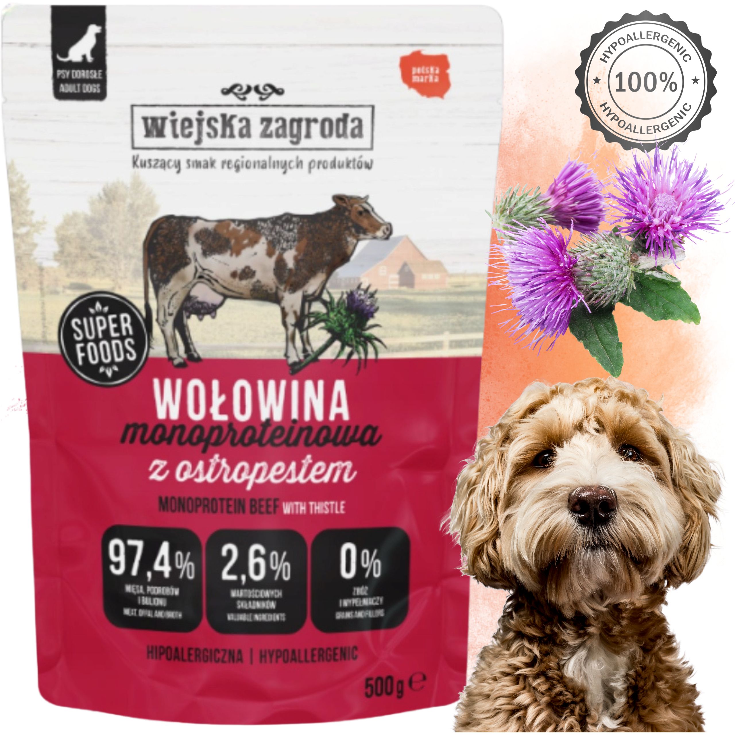 MOKRA KARMA DLA PSA Wiejska Zagroda Monobiałkowa Wołowina 500g NA ALERGIĘ