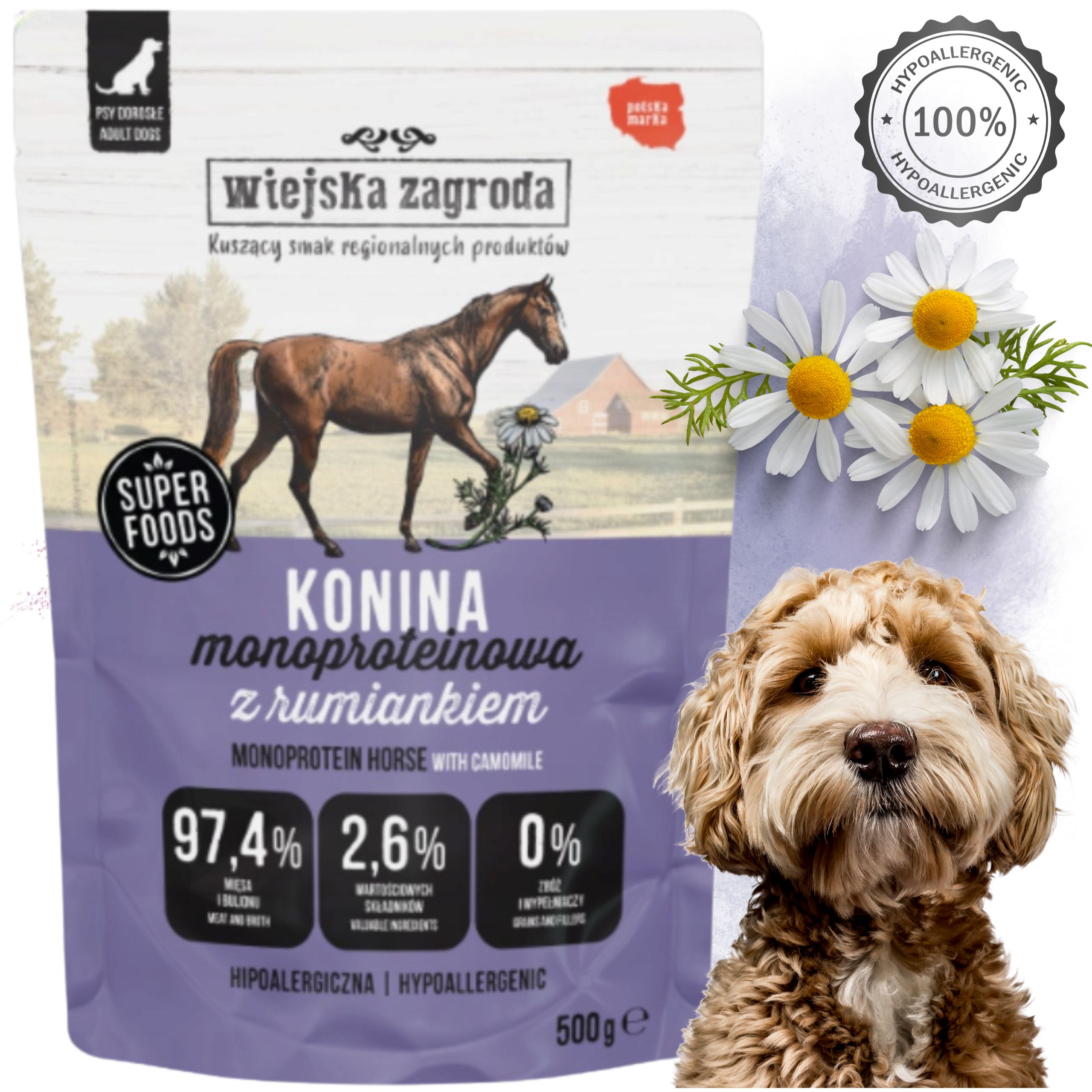 MOKRA KARMA DLA PSA Wiejska Zagroda Monobiałkowa Konina 500g HIPOALERGICZNA