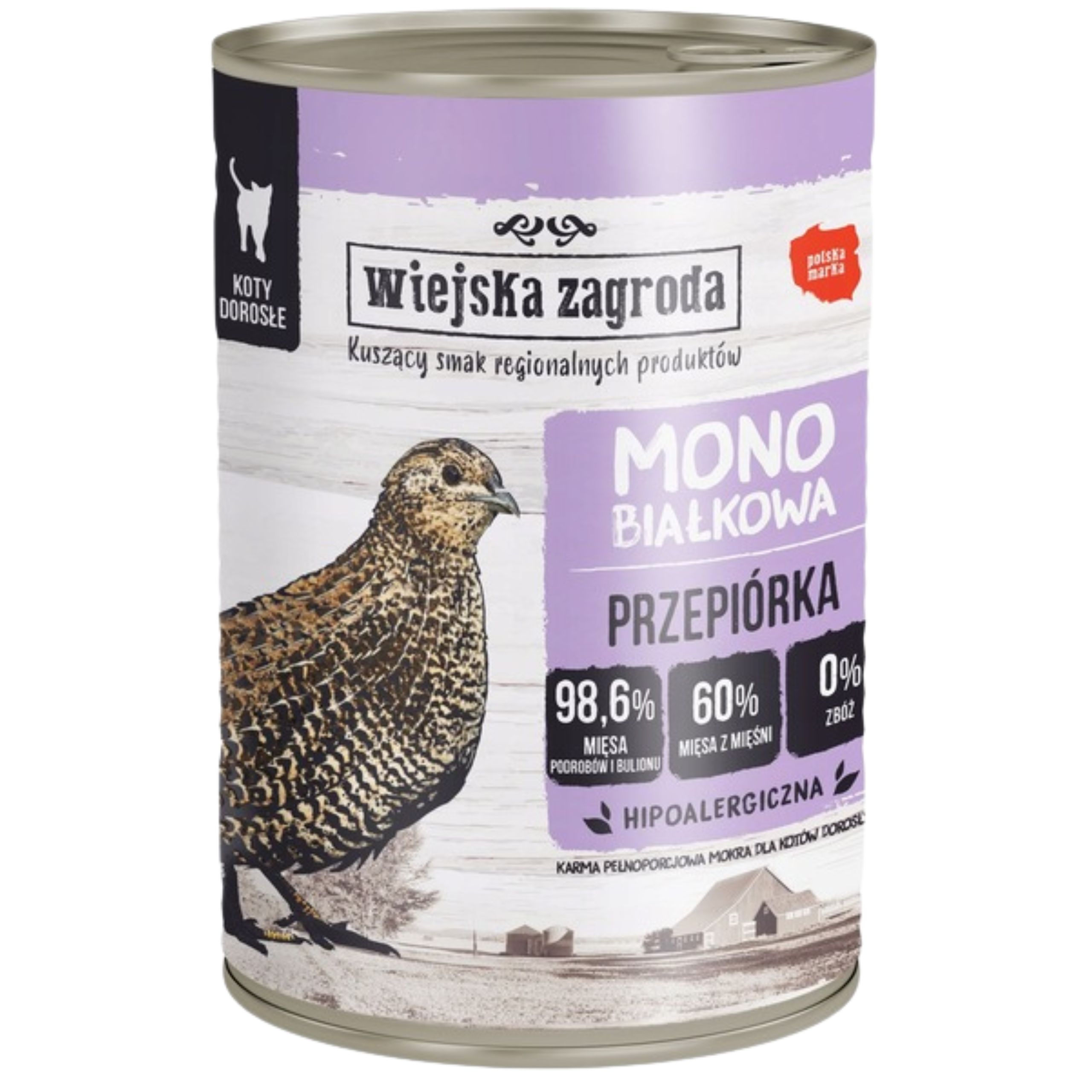 Karma  mokra dla kota Monobiałkowa Przepiórka 400g Wiejska Zagroda alergia