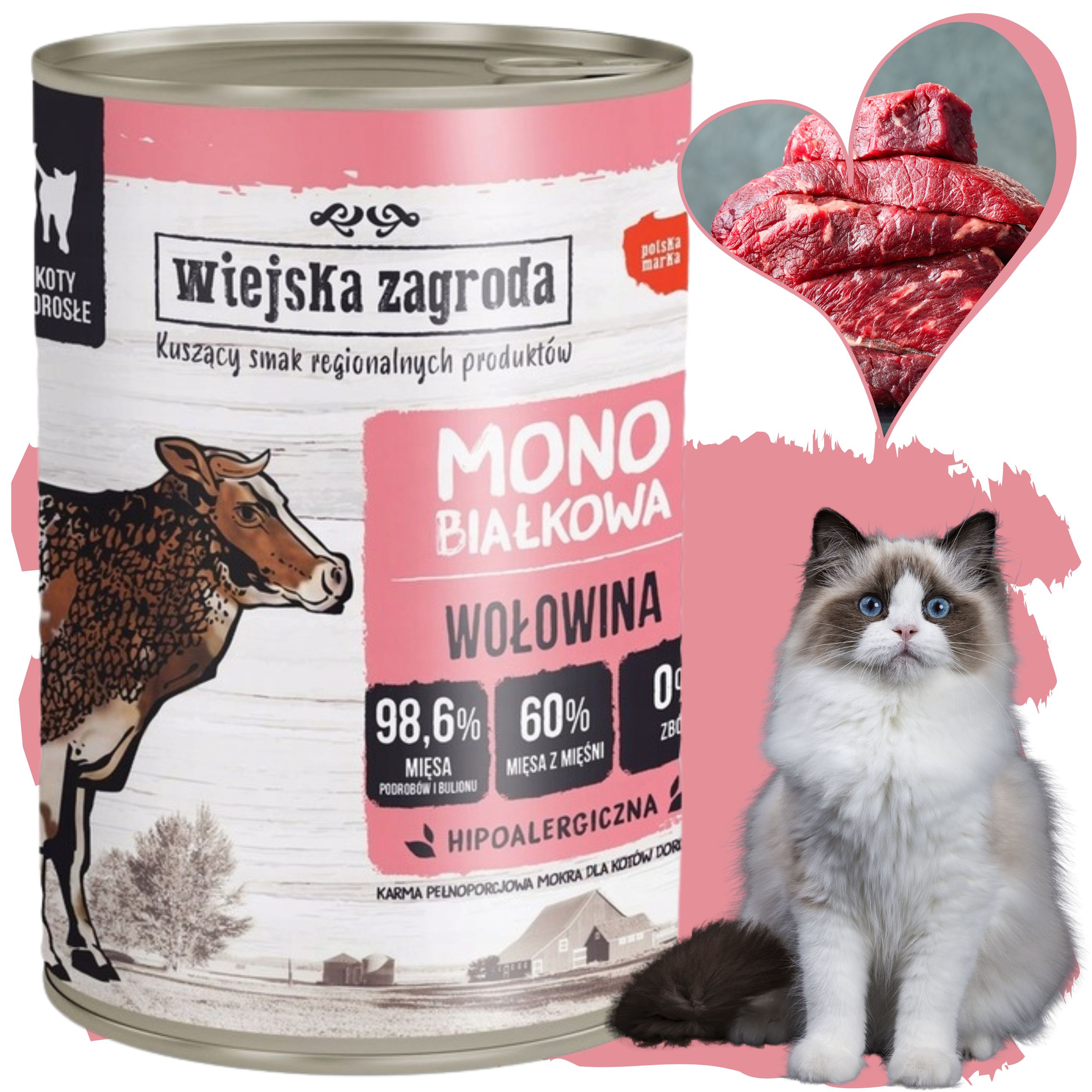 Karma mokra dla kota Monobiałkowa Wołowina 400g Wiejska Zagroda na alergię