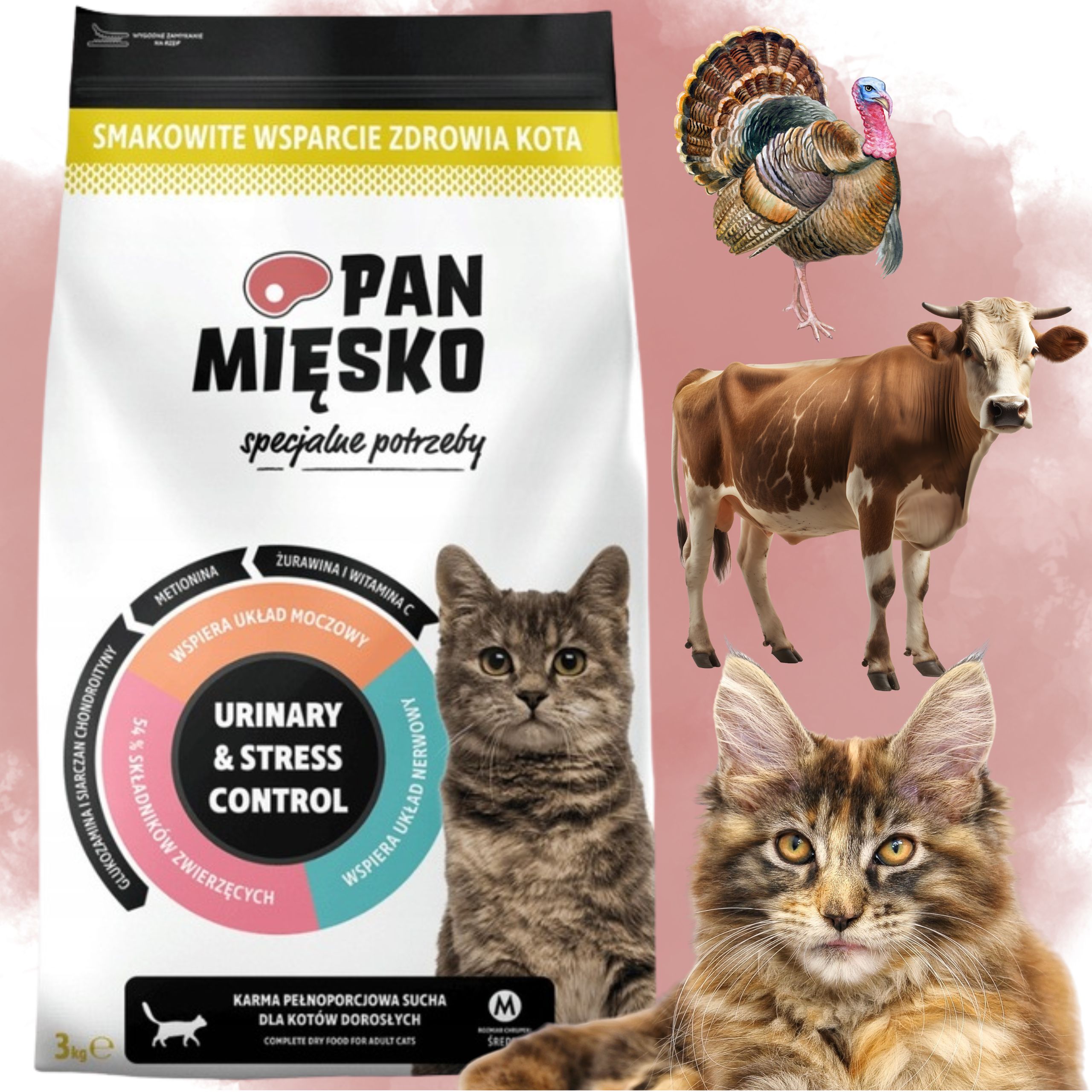SUCHA KARMA DLA KOTA Pan Miesko Urinary &amp; Stres Control 3 kg INDYK WOŁOWINA