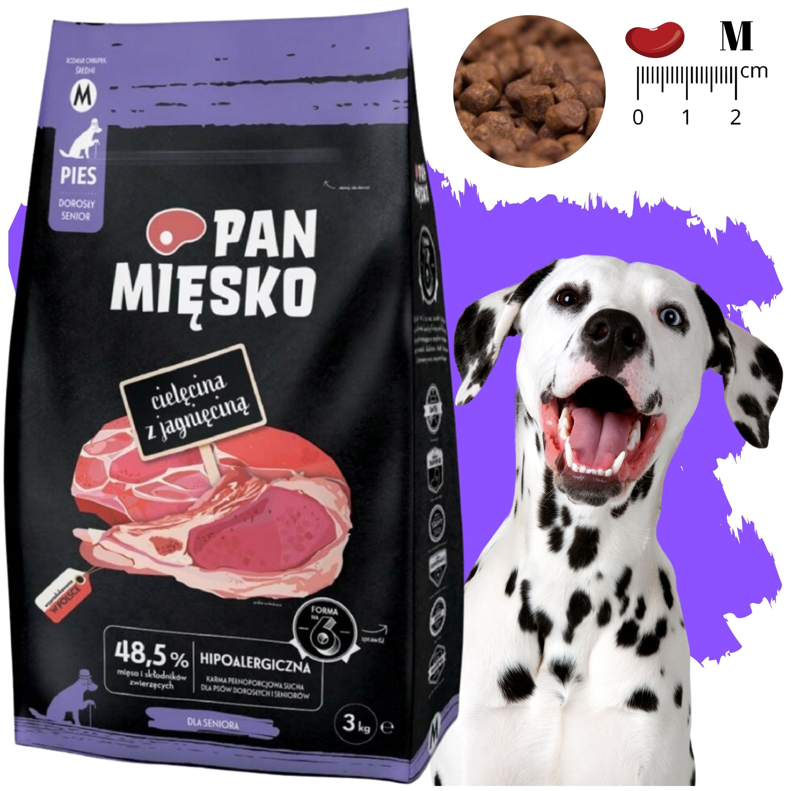 Sucha karma dla psa Pan Mięsko Cielęcina z jagnięciną chrupki M 3kg senior
