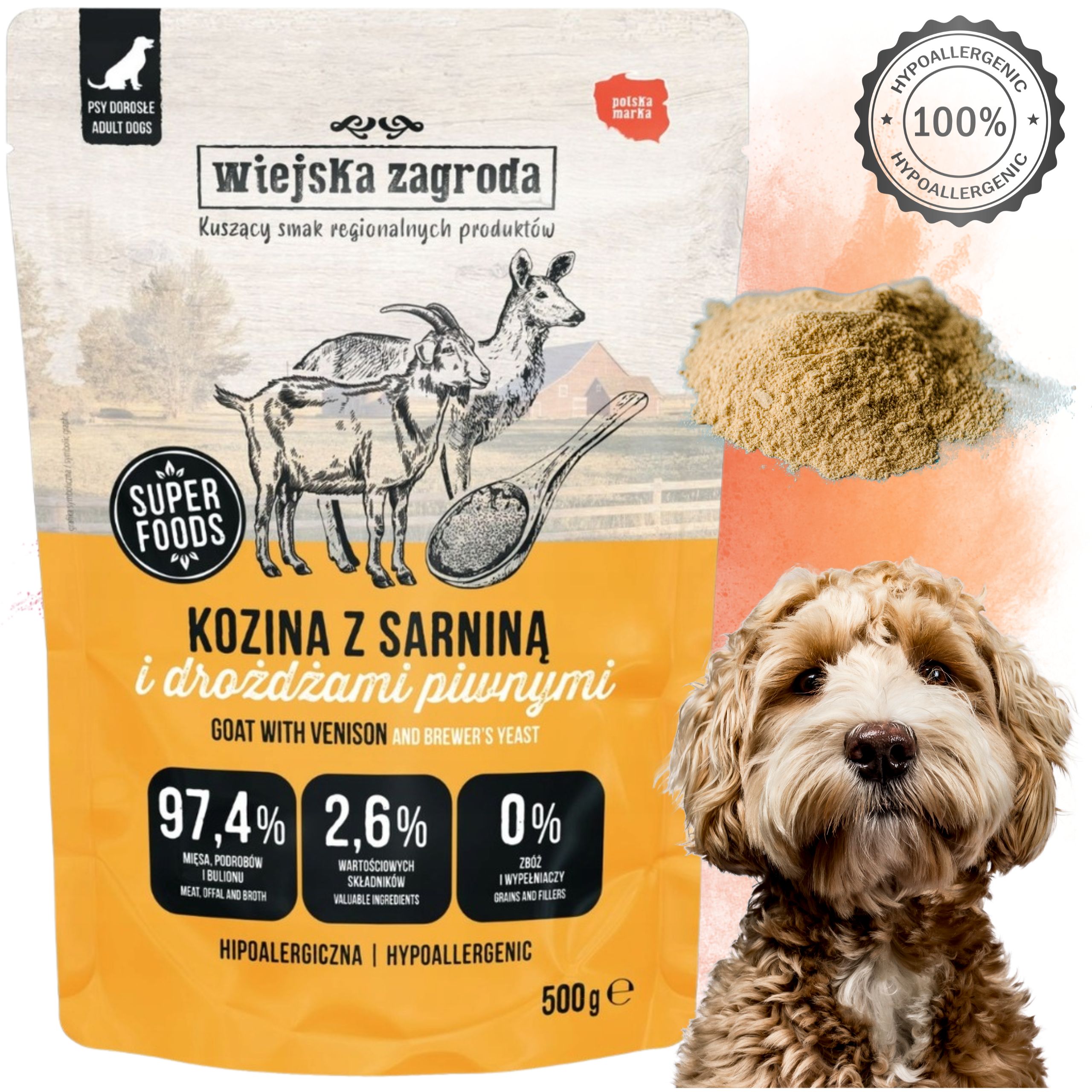 MOKRA KARMA DLA PSA Wiejska Zagroda Kozina z sarniną 500 g HIPOALERGICZNA